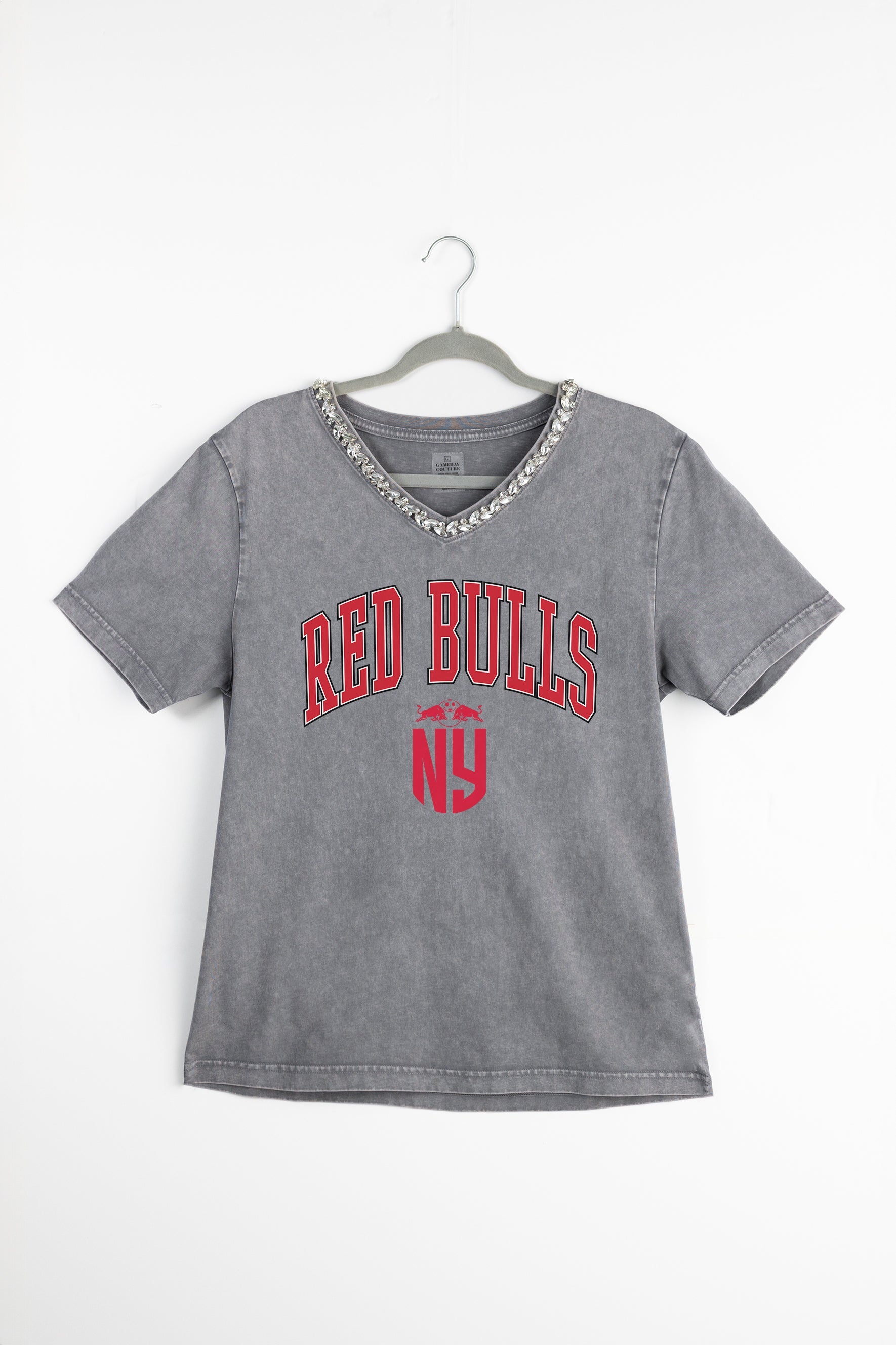 NEW YORK RED BULLS ICONIC EDGE RHINESTONE TRIM V-NECK TEE