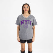 NEW YORK UNIVERSITY VIOLETS ICONIC EDGE RHINESTONE TRIM V-NECK TEE
