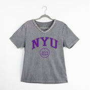 NEW YORK UNIVERSITY VIOLETS ICONIC EDGE RHINESTONE TRIM V-NECK TEE