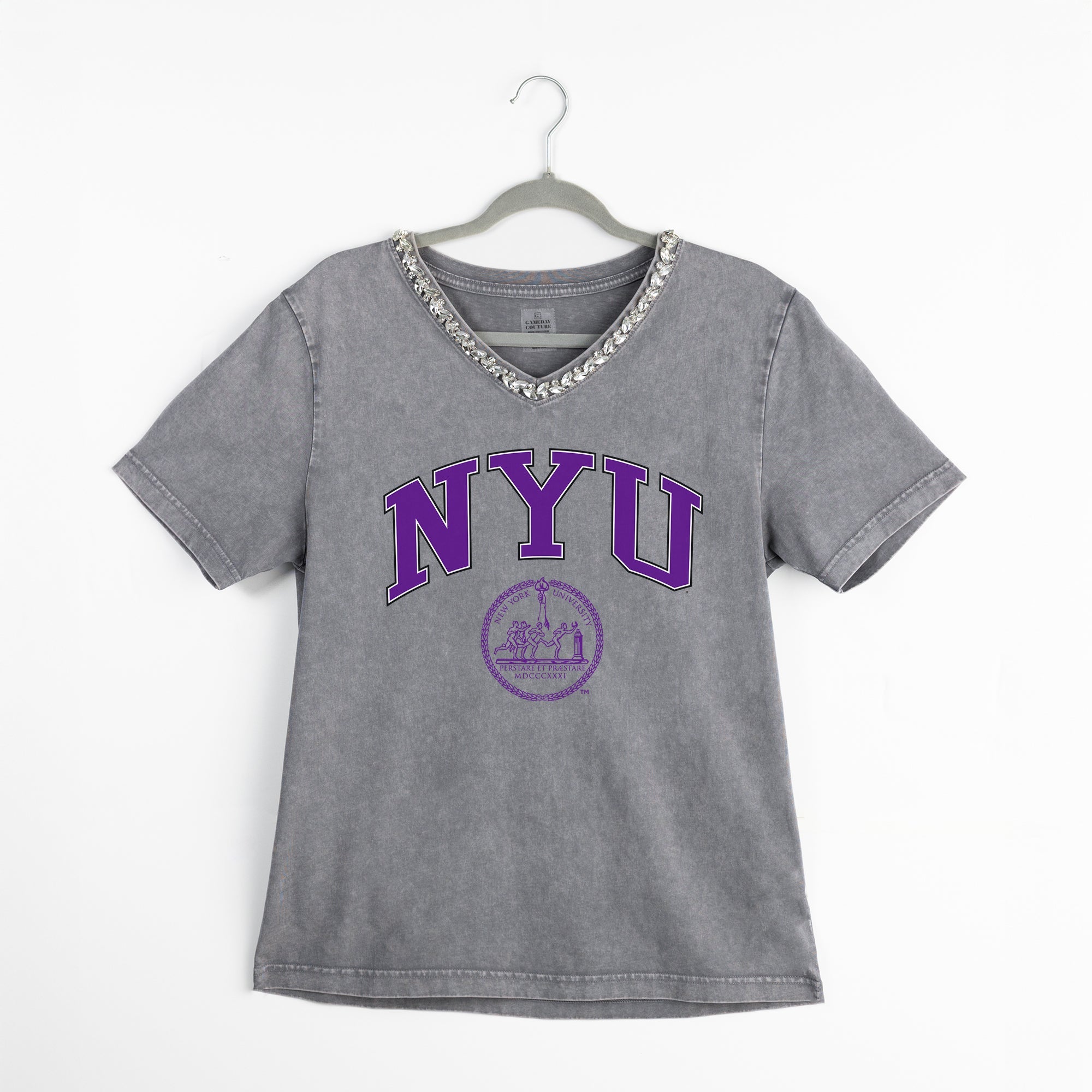 NEW YORK UNIVERSITY VIOLETS ICONIC EDGE RHINESTONE TRIM V-NECK TEE