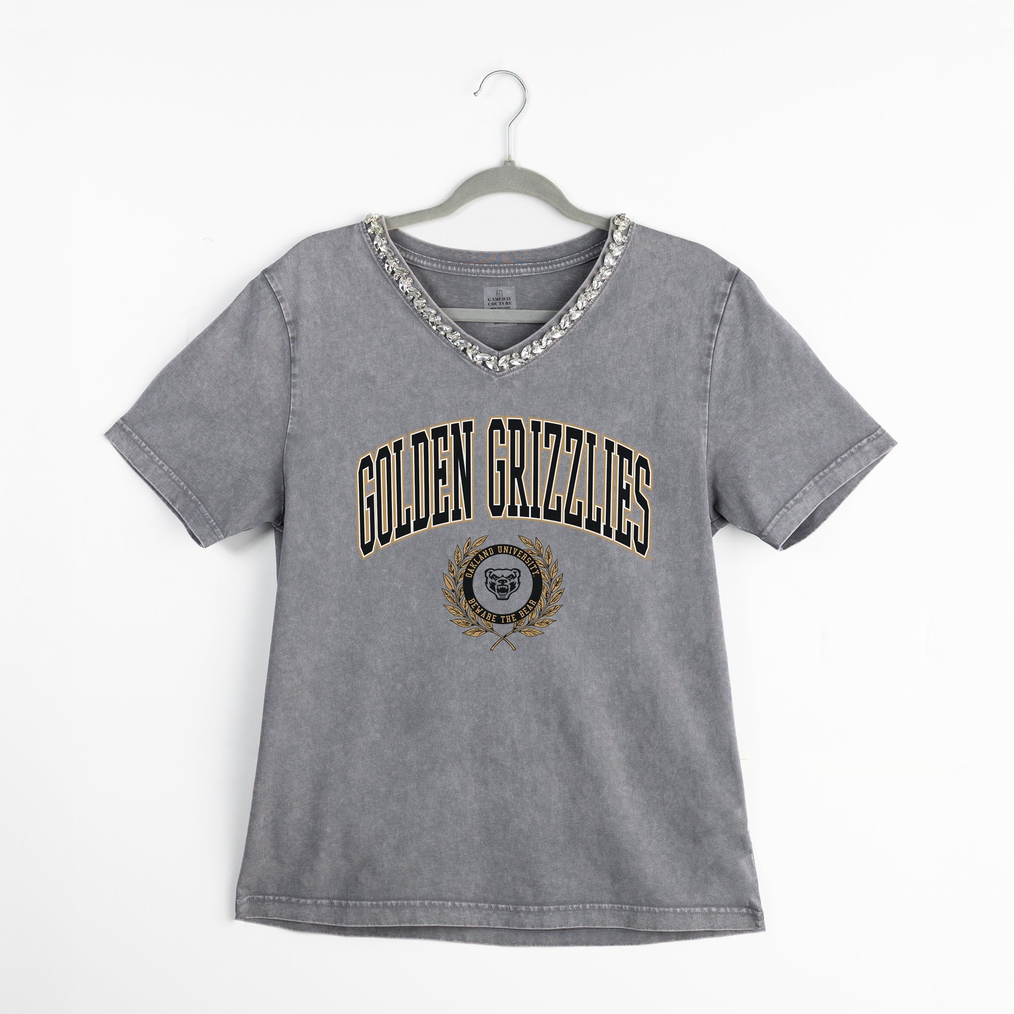 OAKLAND GOLDEN GRIZZLIES ICONIC EDGE RHINESTONE TRIM V-NECK TEE