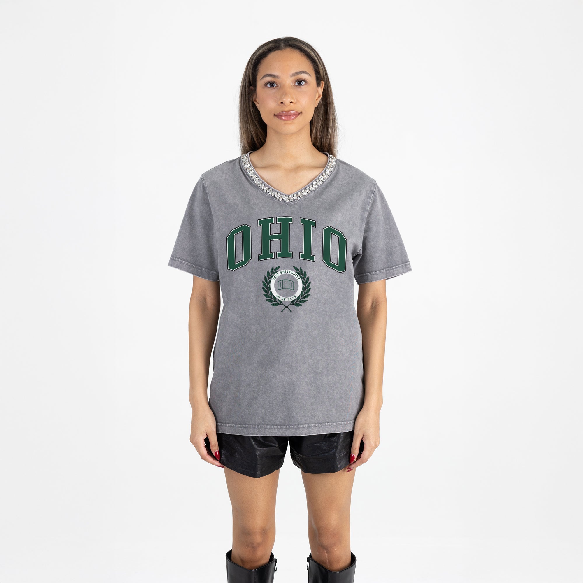 OHIO BOBCATS ICONIC EDGE RHINESTONE TRIM V-NECK TEE