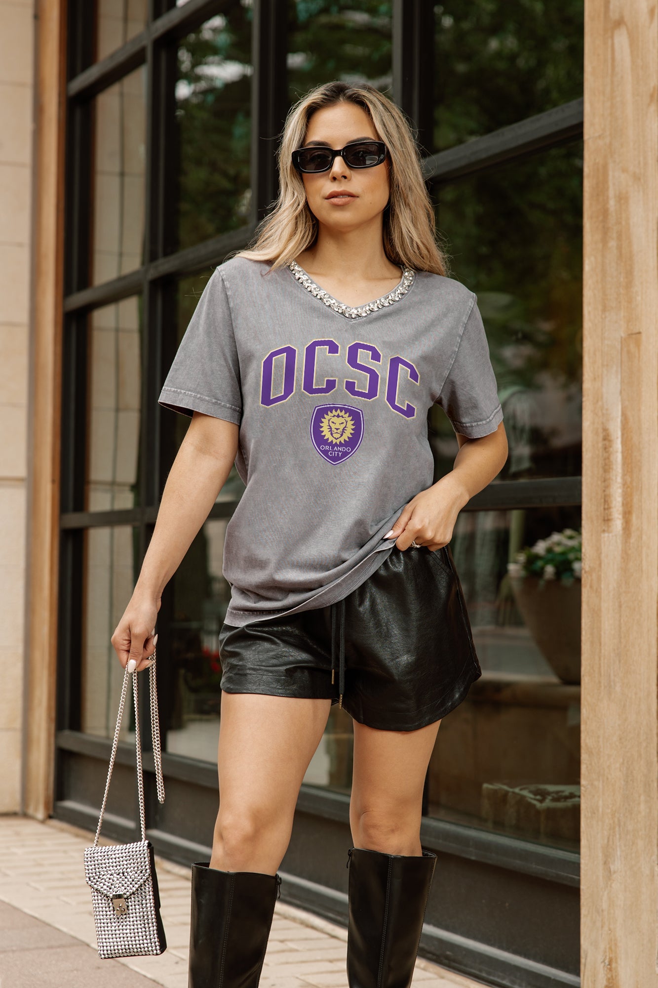 ORLANDO CITY SC ICONIC EDGE RHINESTONE TRIM V-NECK TEE