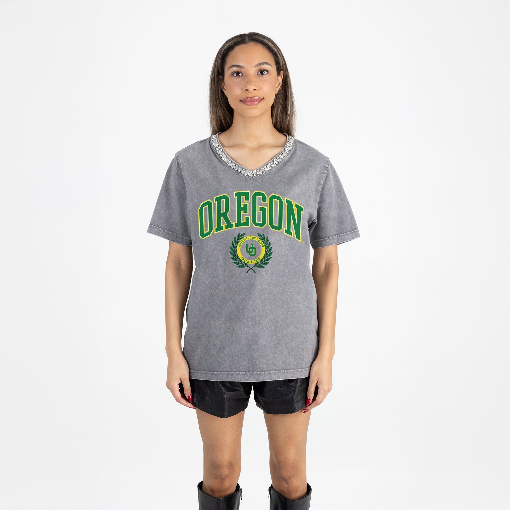 OREGON DUCKS ICONIC EDGE RHINESTONE TRIM V-NECK TEE