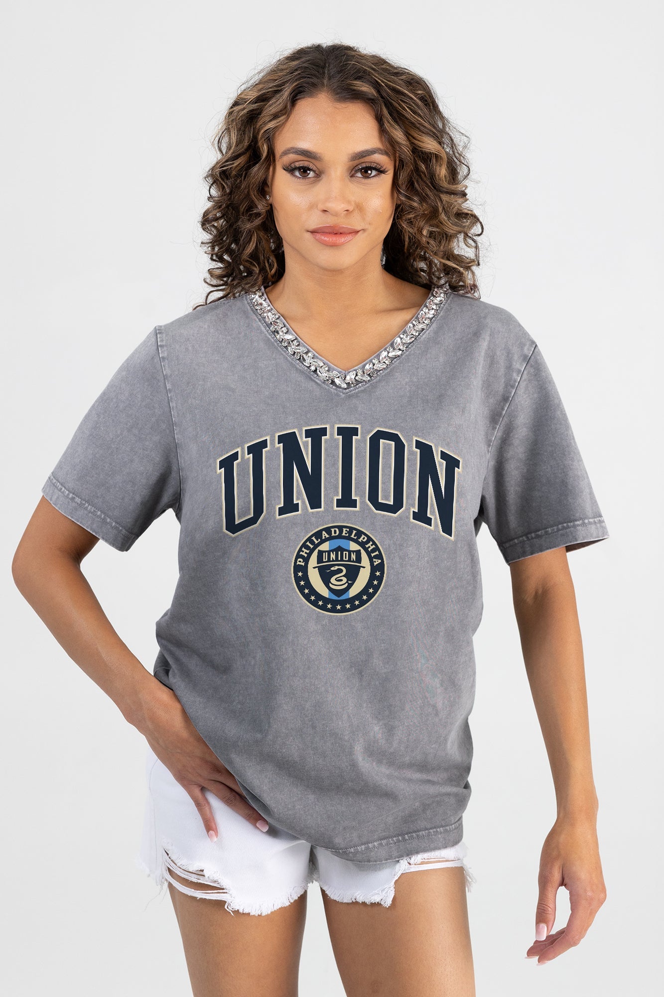 PHILADELPHIA UNION ICONIC EDGE RHINESTONE TRIM V-NECK TEE