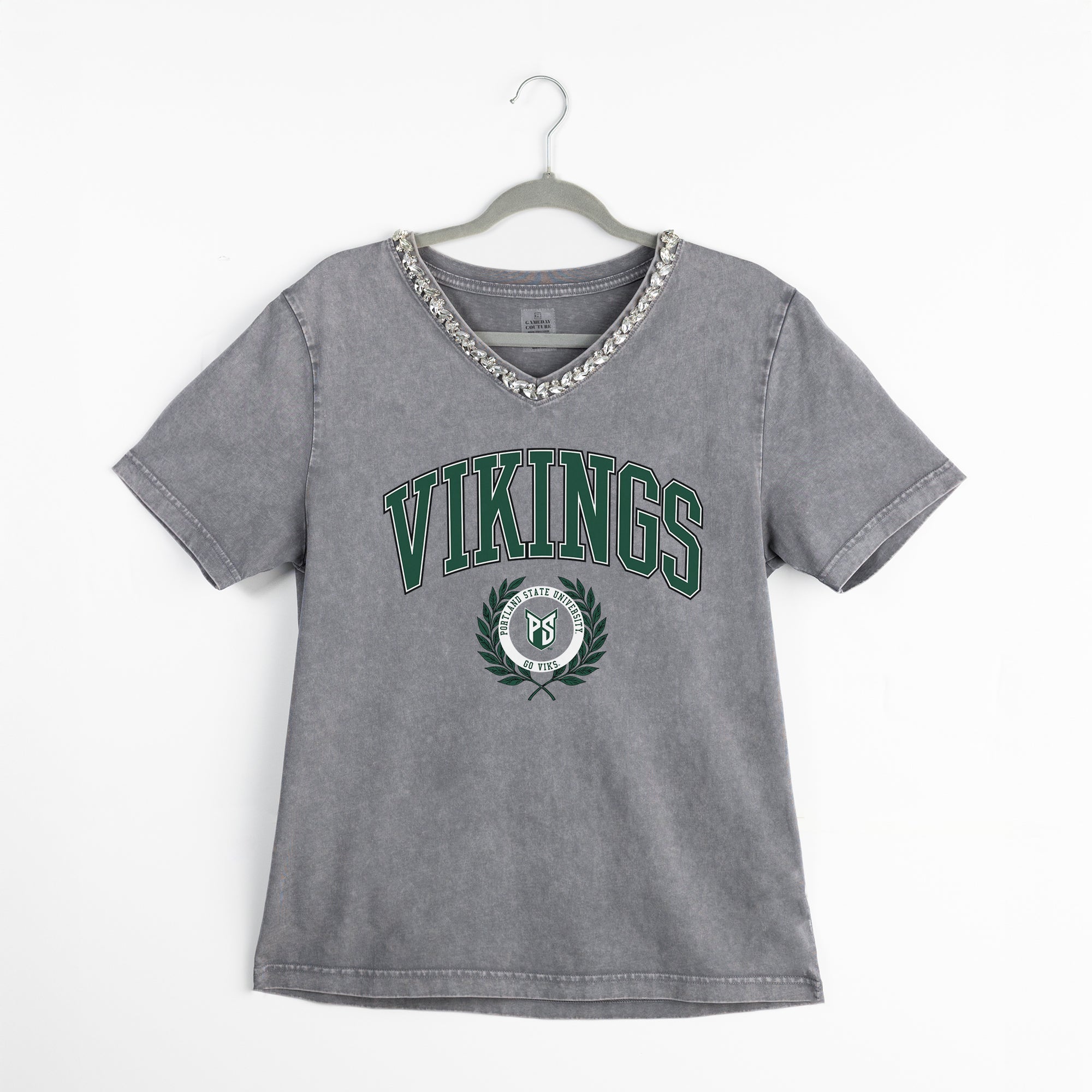 PORTLAND STATE VIKINGS ICONIC EDGE RHINESTONE TRIM V-NECK TEE