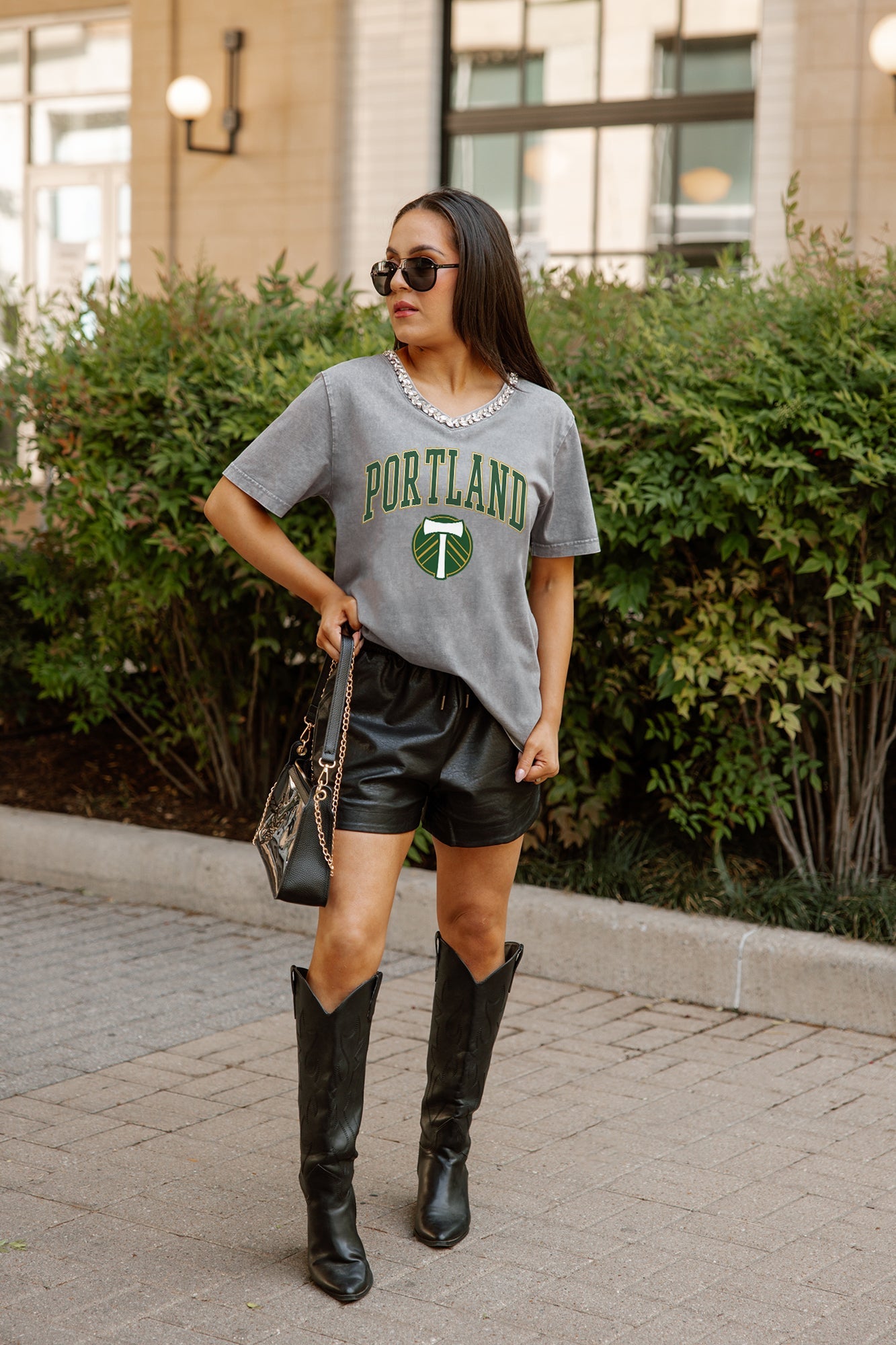 PORTLAND TIMBERS ICONIC EDGE RHINESTONE TRIM V-NECK TEE