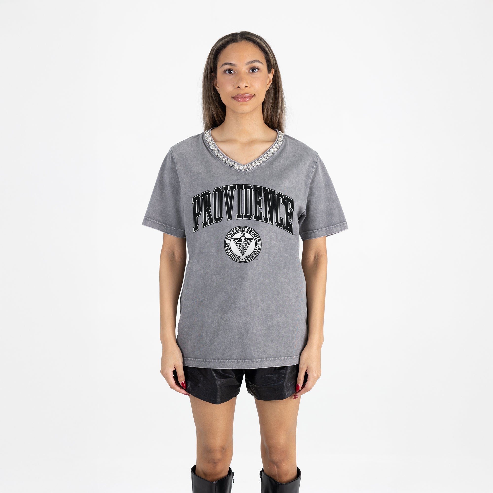 PROVIDENCE FRIARS ICONIC EDGE RHINESTONE TRIM V-NECK TEE