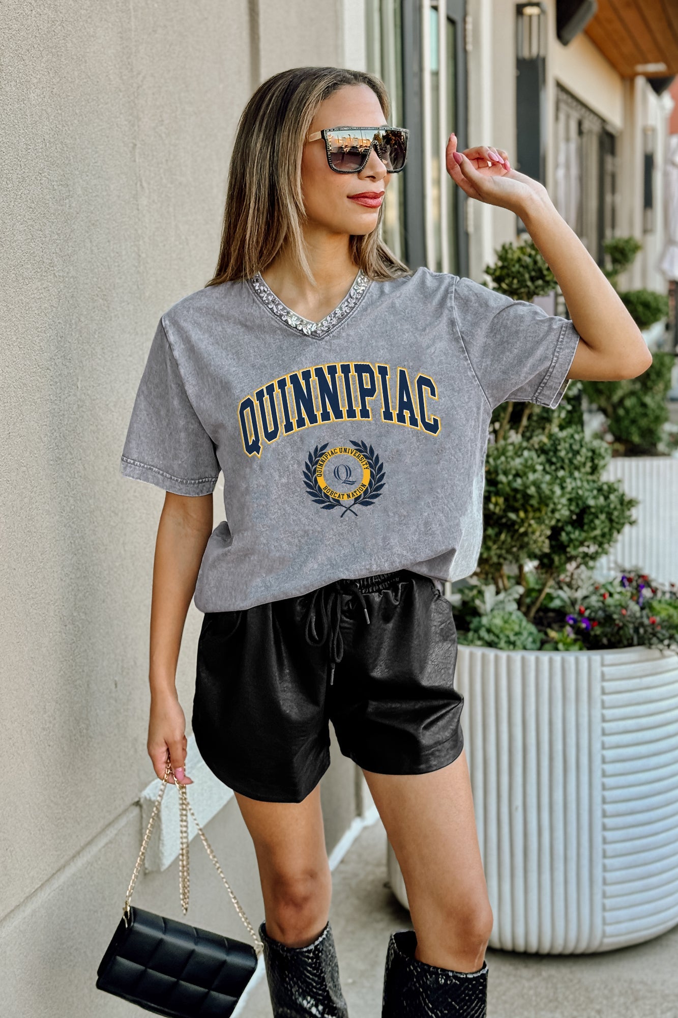 QUINNIPIAC BOBCATS ICONIC EDGE RHINESTONE TRIM V-NECK TEE