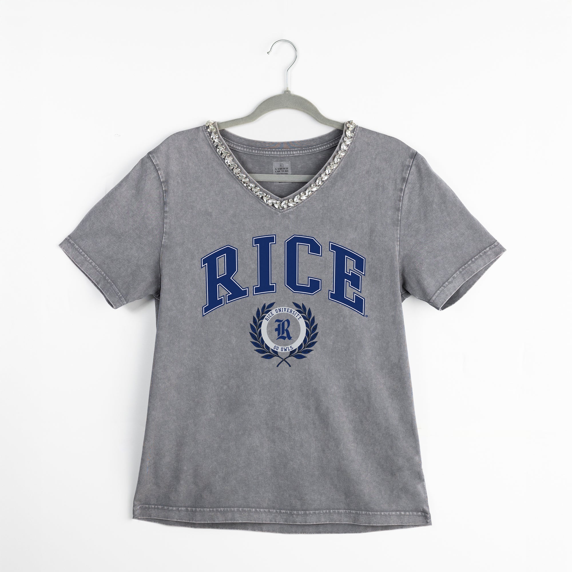 RICE OWLS ICONIC EDGE RHINESTONE TRIM V-NECK TEE