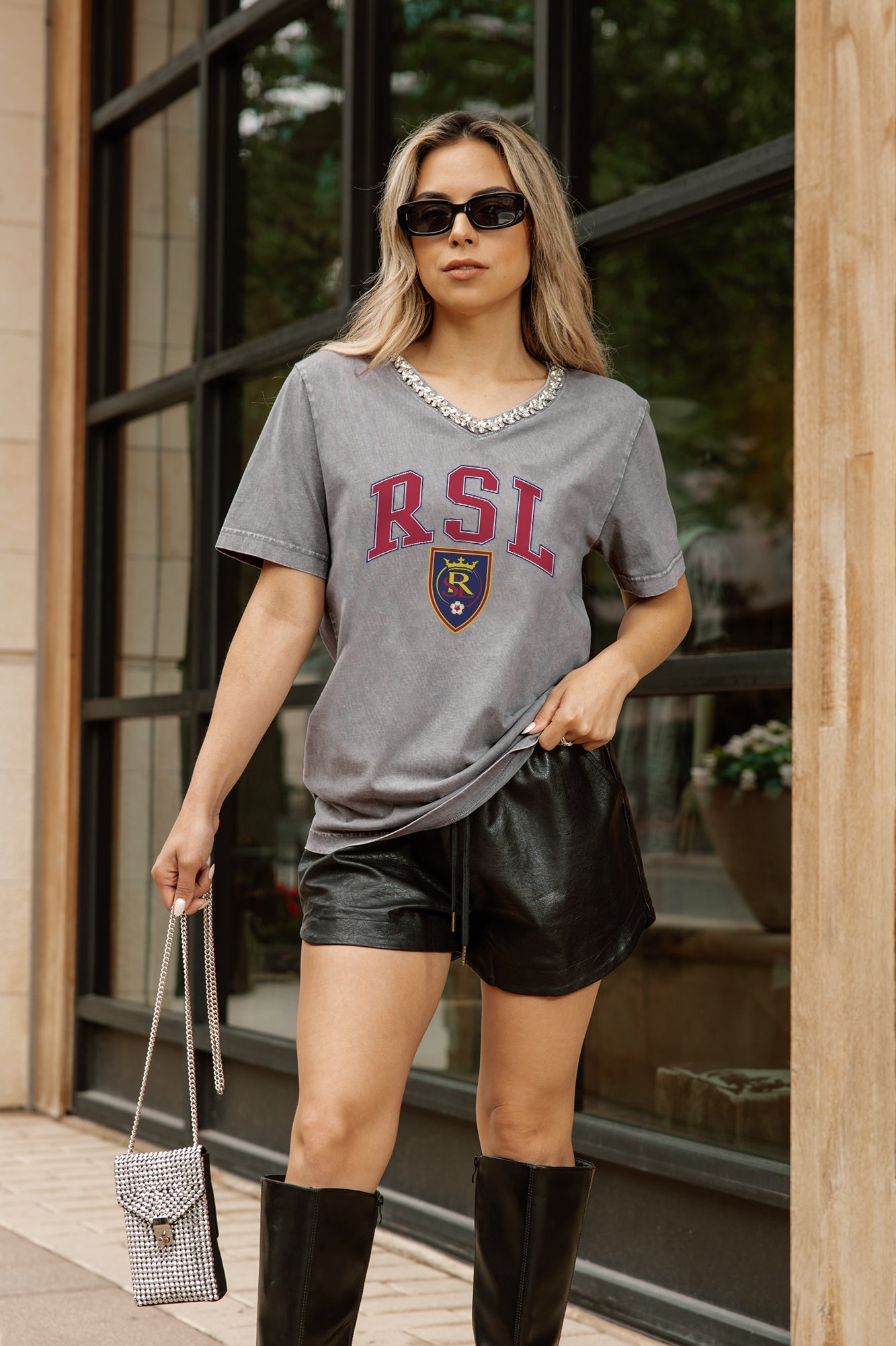 REAL SALT LAKE ICONIC EDGE RHINESTONE TRIM V-NECK TEE