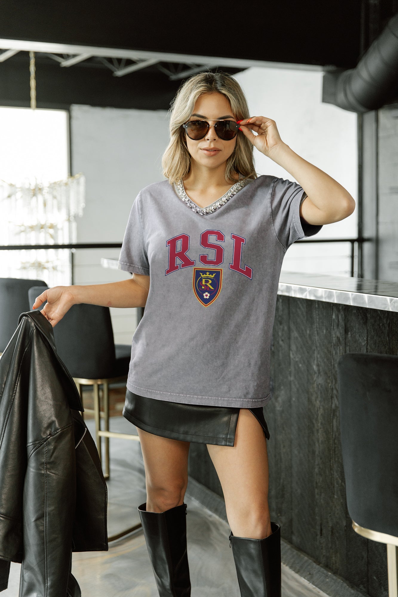 REAL SALT LAKE ICONIC EDGE RHINESTONE TRIM V-NECK TEE
