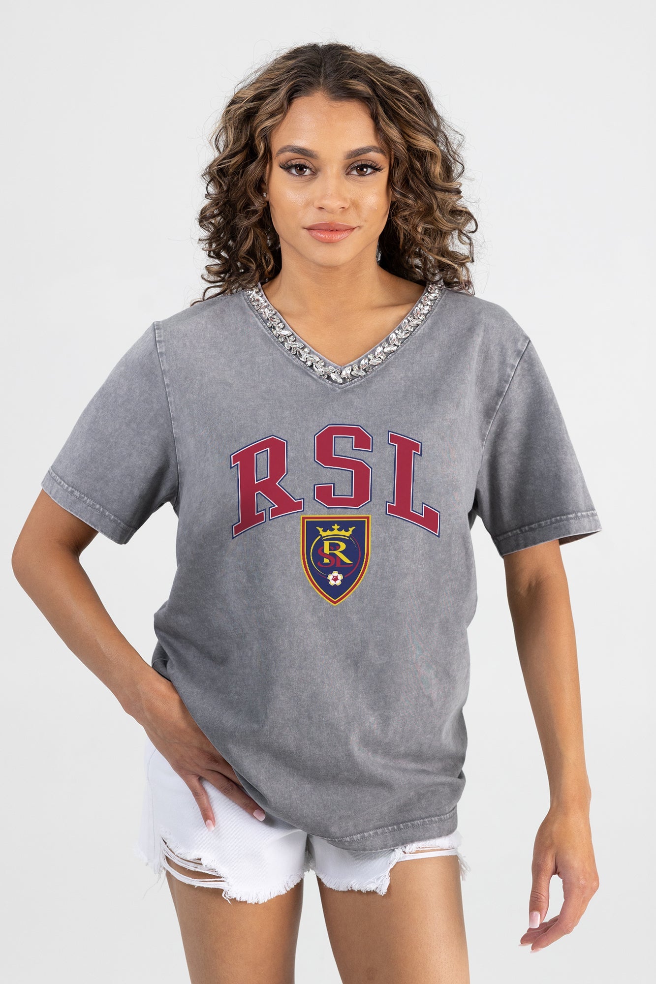 REAL SALT LAKE ICONIC EDGE RHINESTONE TRIM V-NECK TEE