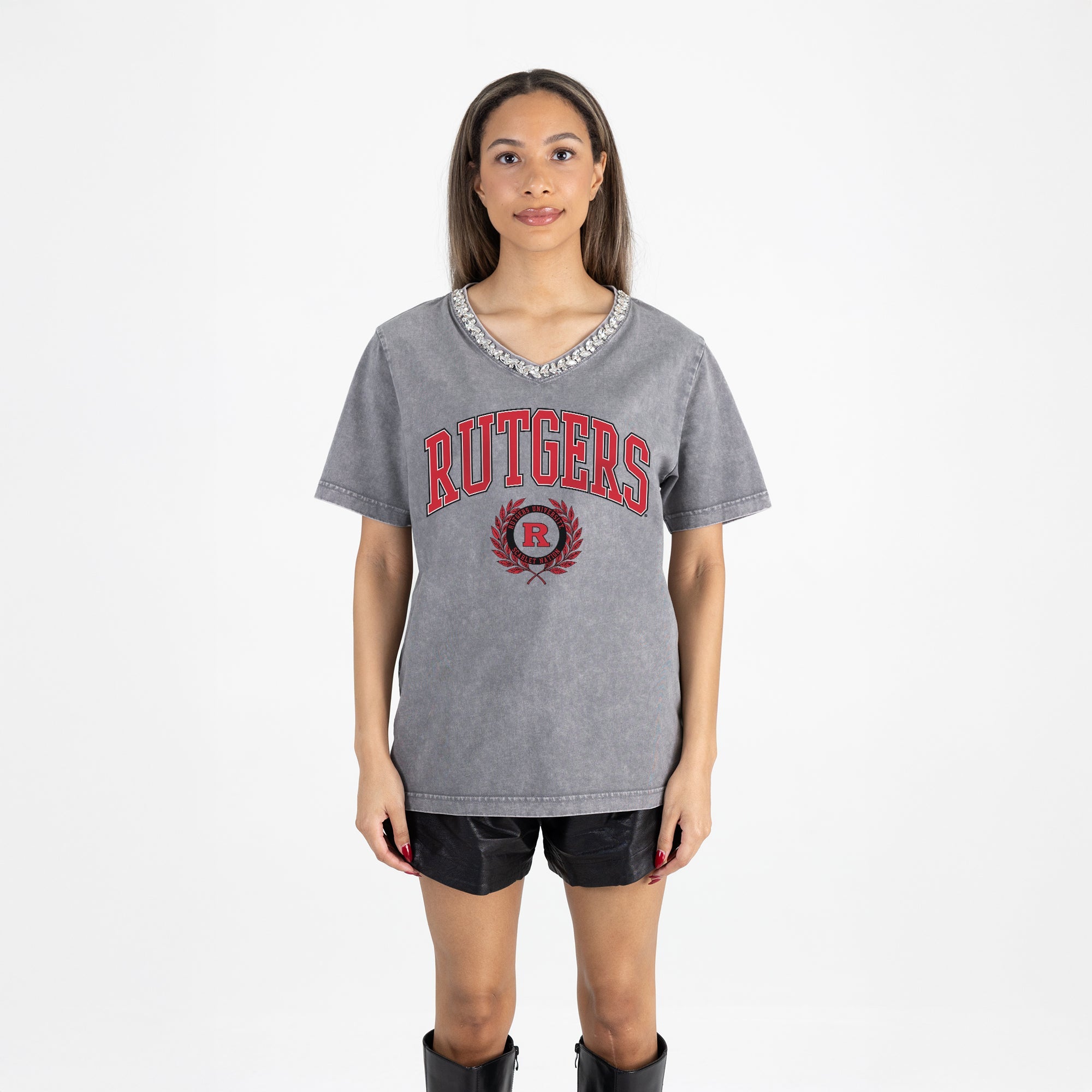 RUTGERS SCARLET KNIGHTS ICONIC EDGE RHINESTONE TRIM V-NECK TEE
