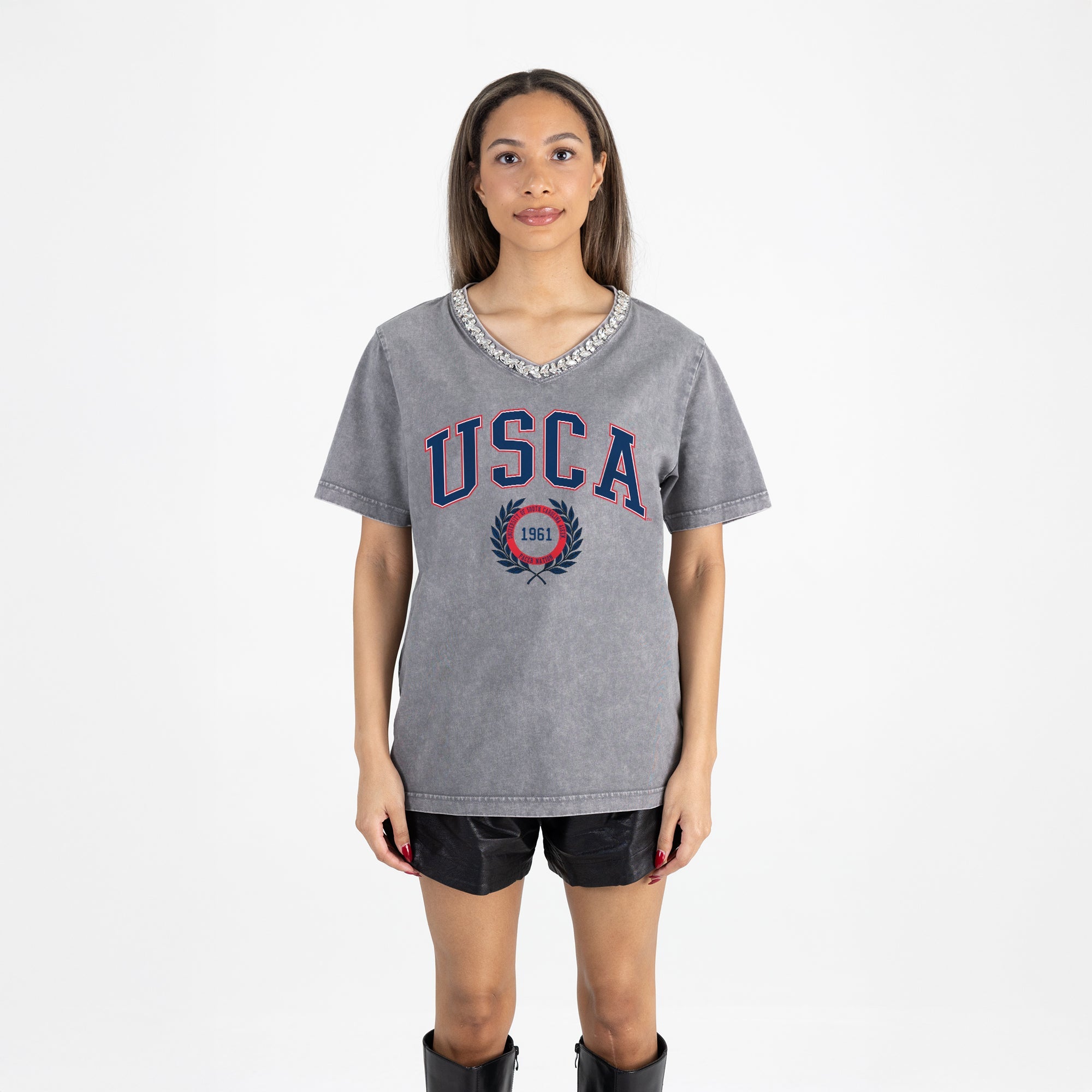 SOUTH CAROLINA AIKEN PACERS ICONIC EDGE RHINESTONE TRIM V-NECK TEE