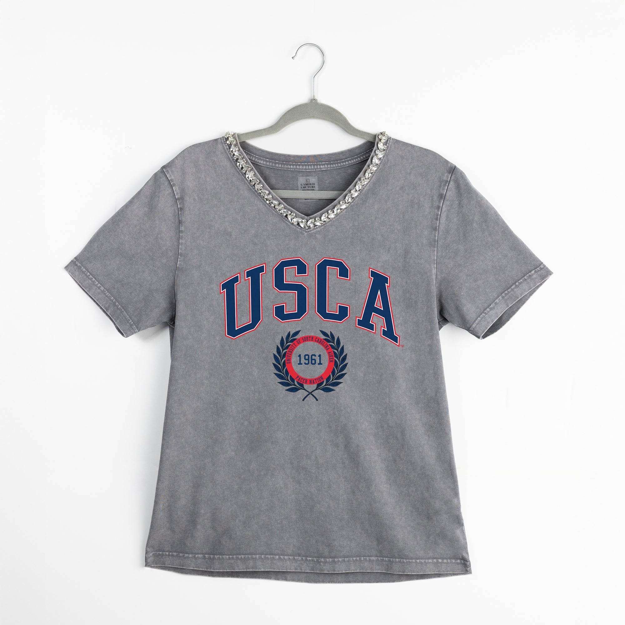 SOUTH CAROLINA AIKEN PACERS ICONIC EDGE RHINESTONE TRIM V-NECK TEE
