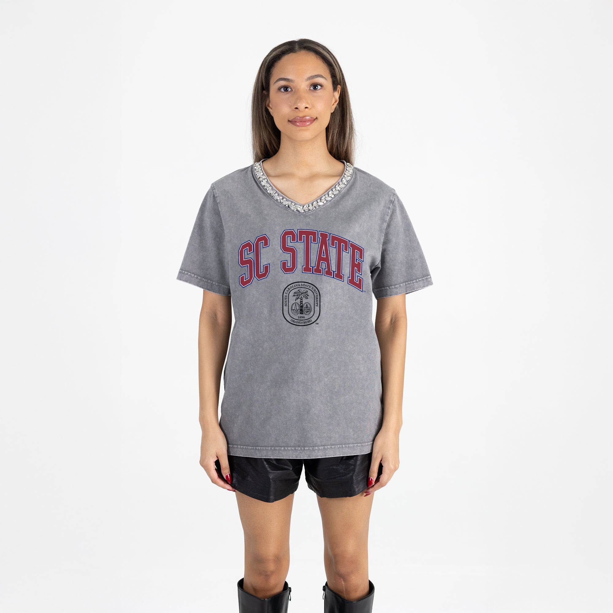 SOUTH CAROLINA STATE BULLDOGS ICONIC EDGE RHINESTONE TRIM V-NECK TEE