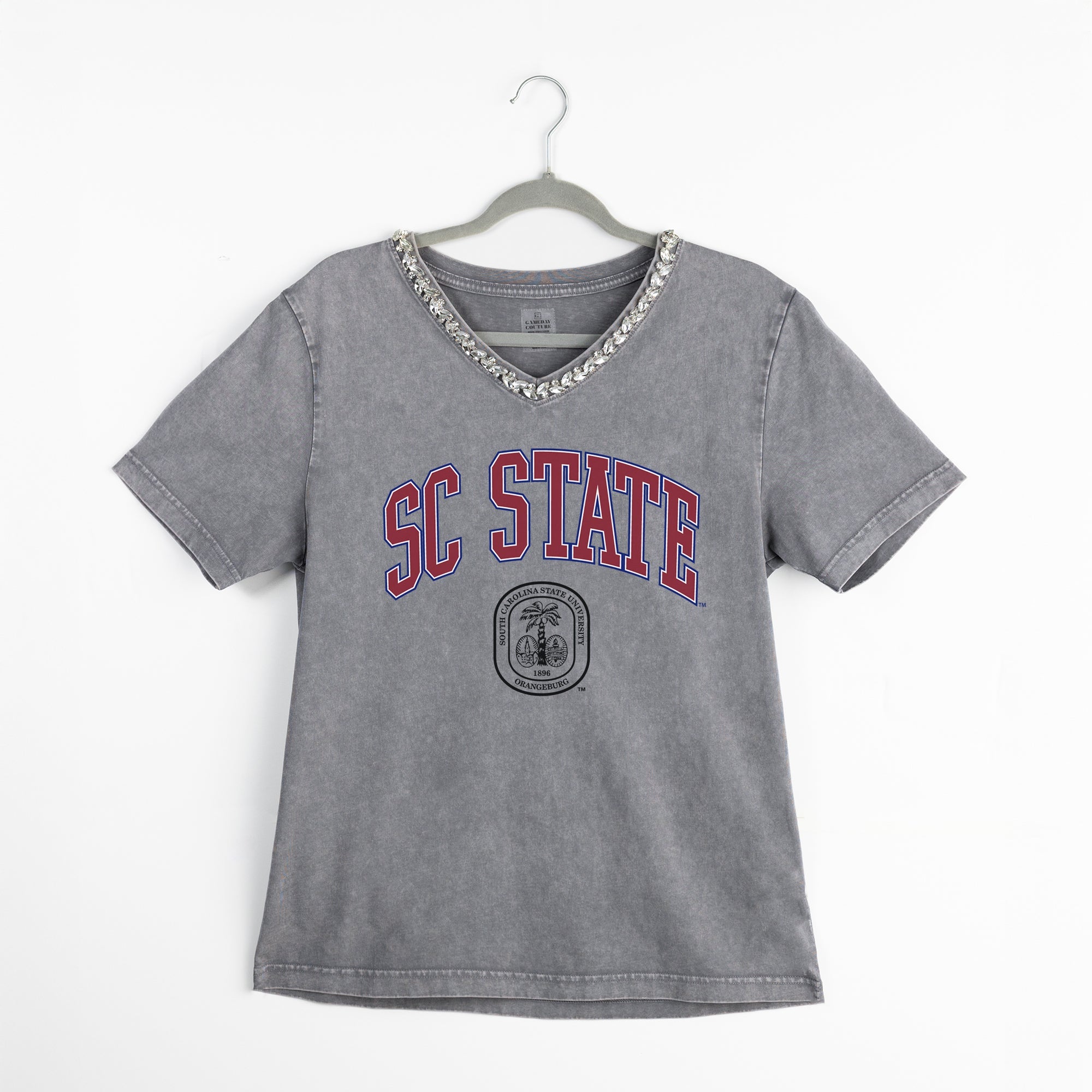 SOUTH CAROLINA STATE BULLDOGS ICONIC EDGE RHINESTONE TRIM V-NECK TEE