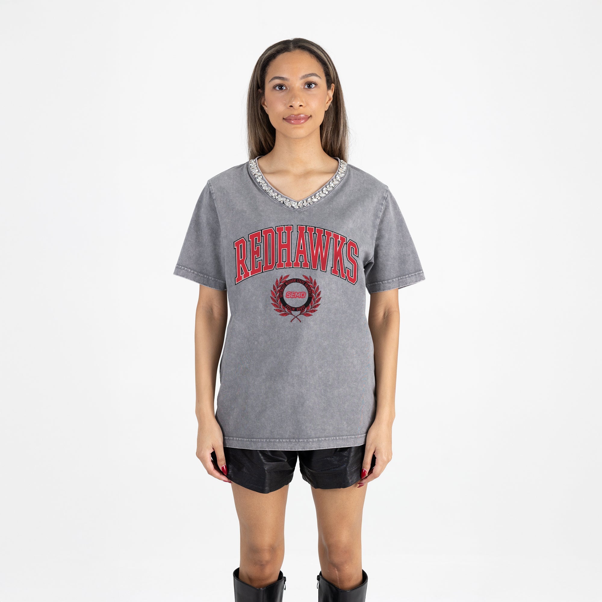 SOUTHEAST MISSOURI REDHAWKS ICONIC EDGE RHINESTONE TRIM V-NECK TEE
