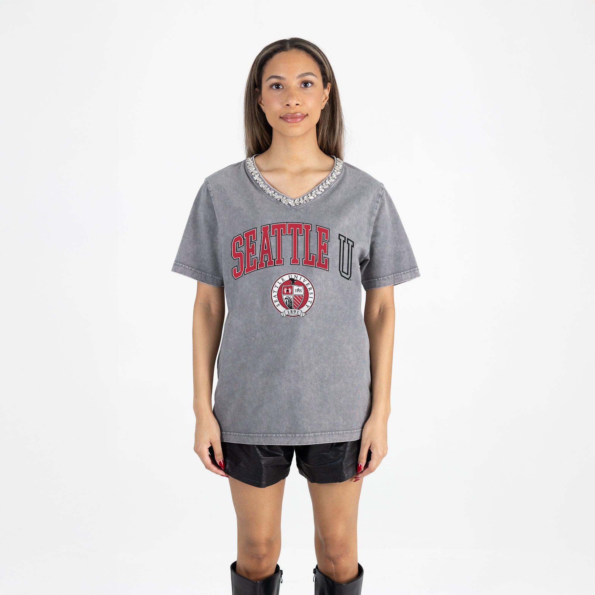 SEATTLE U REDHAWKS ICONIC EDGE RHINESTONE TRIM V-NECK TEE