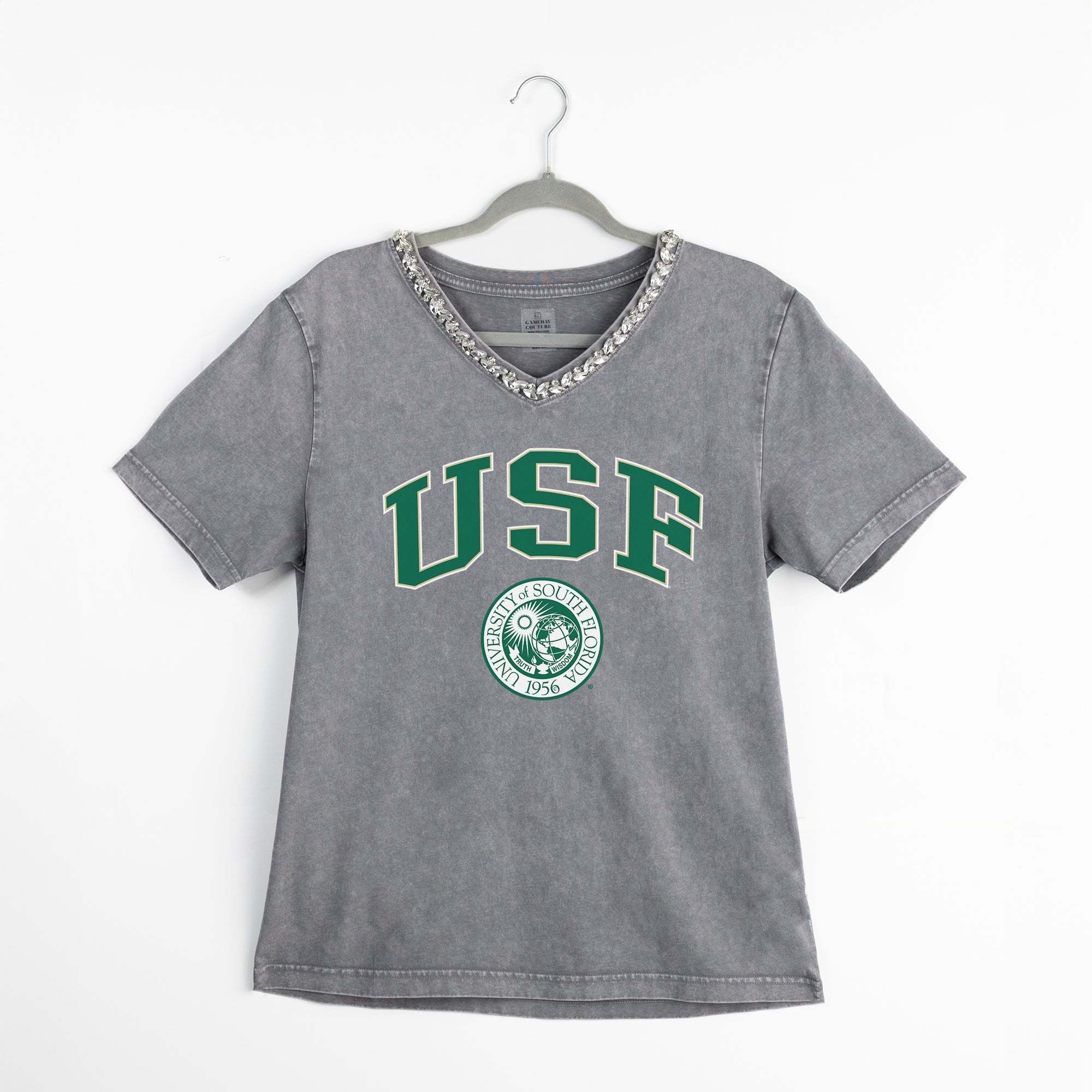 SOUTH FLORIDA BULLS ICONIC EDGE RHINESTONE TRIM V-NECK TEE