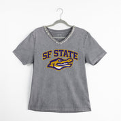 SF STATE GATORS ICONIC EDGE RHINESTONE TRIM V-NECK TEE