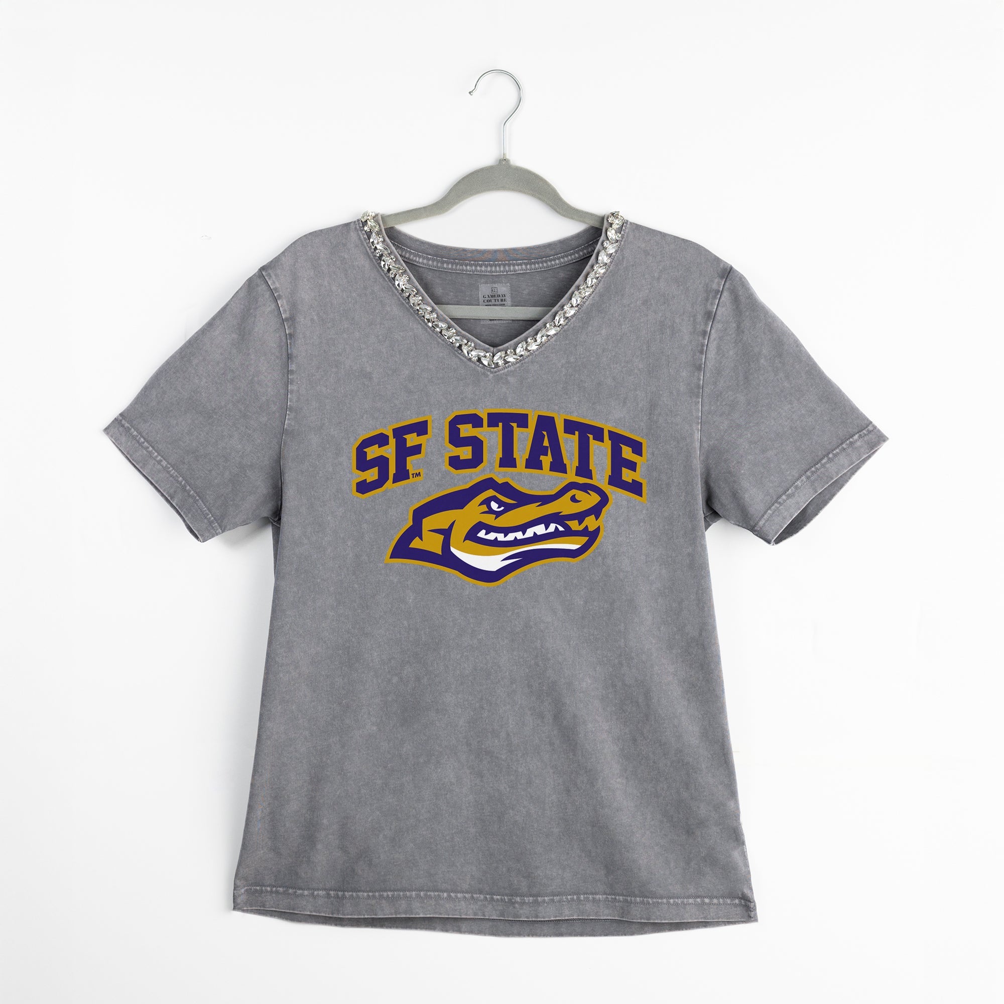 SF STATE GATORS ICONIC EDGE RHINESTONE TRIM V-NECK TEE