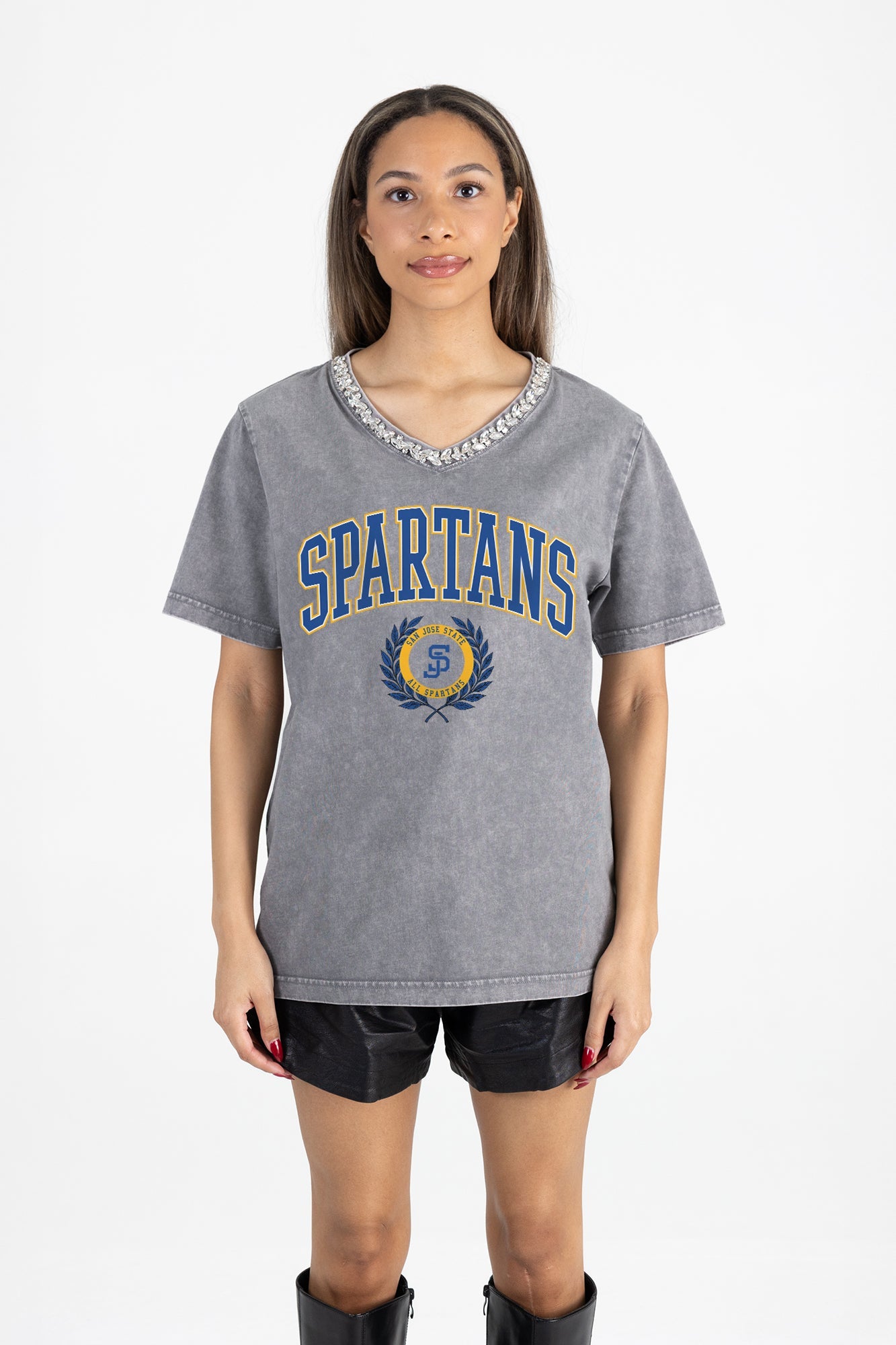 SAN JOSE STATE SPARTANS ICONIC EDGE RHINESTONE TRIM V-NECK TEE