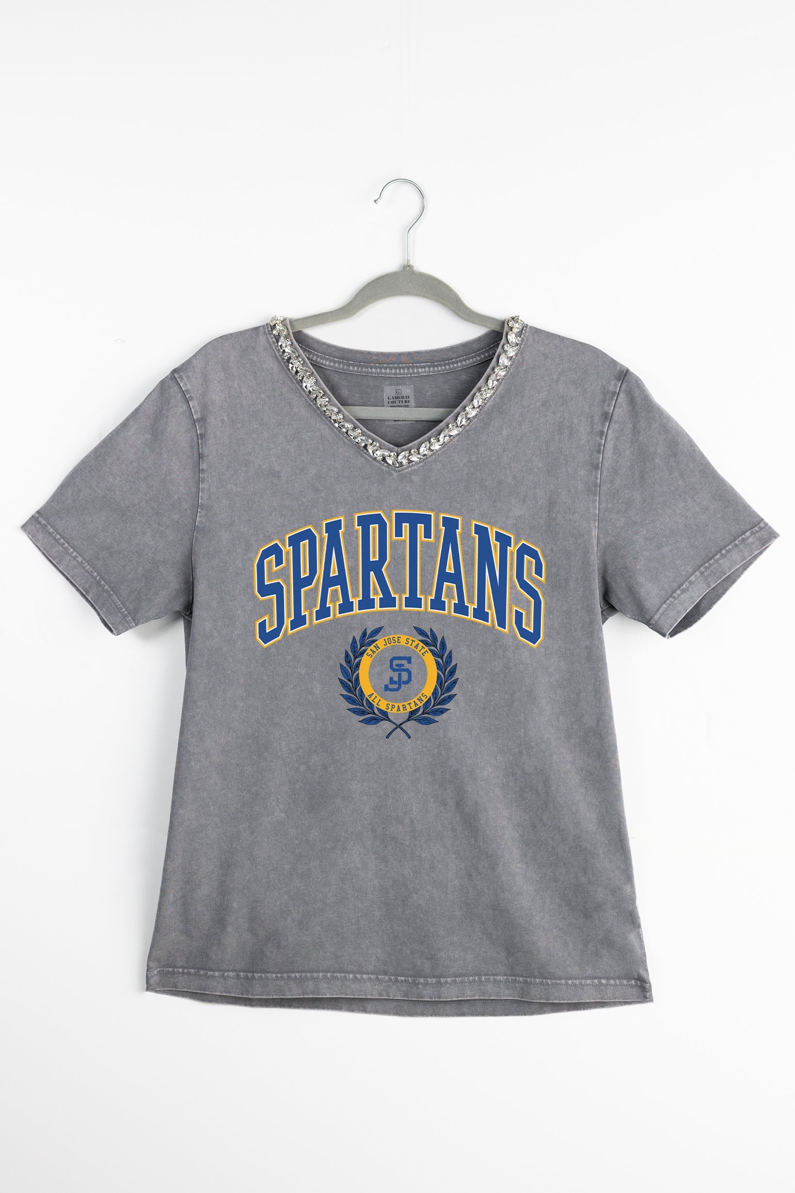 SAN JOSE STATE SPARTANS ICONIC EDGE RHINESTONE TRIM V-NECK TEE