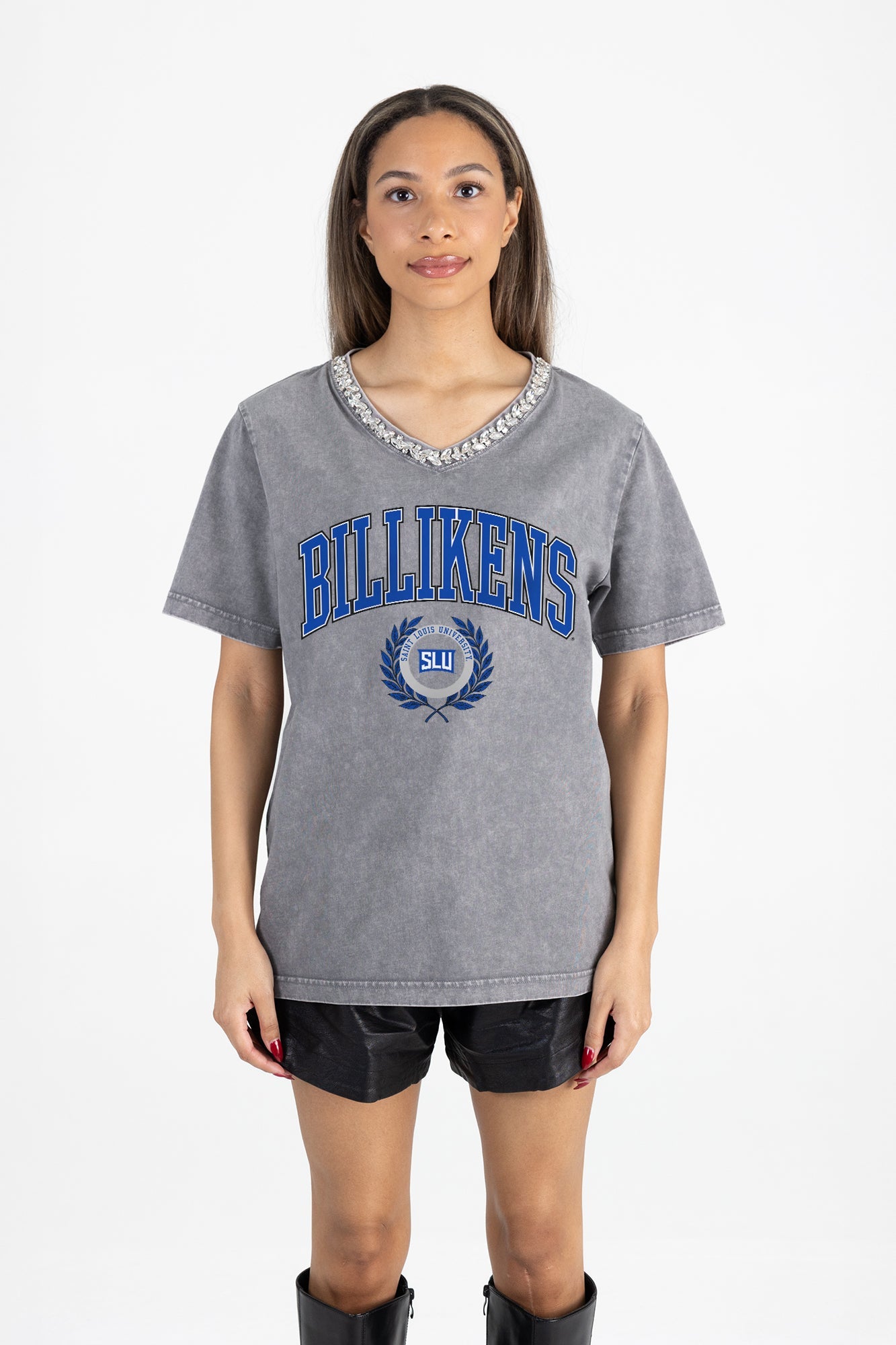 SAINT LOUIS BILLIKENS ICONIC EDGE RHINESTONE TRIM V-NECK TEE