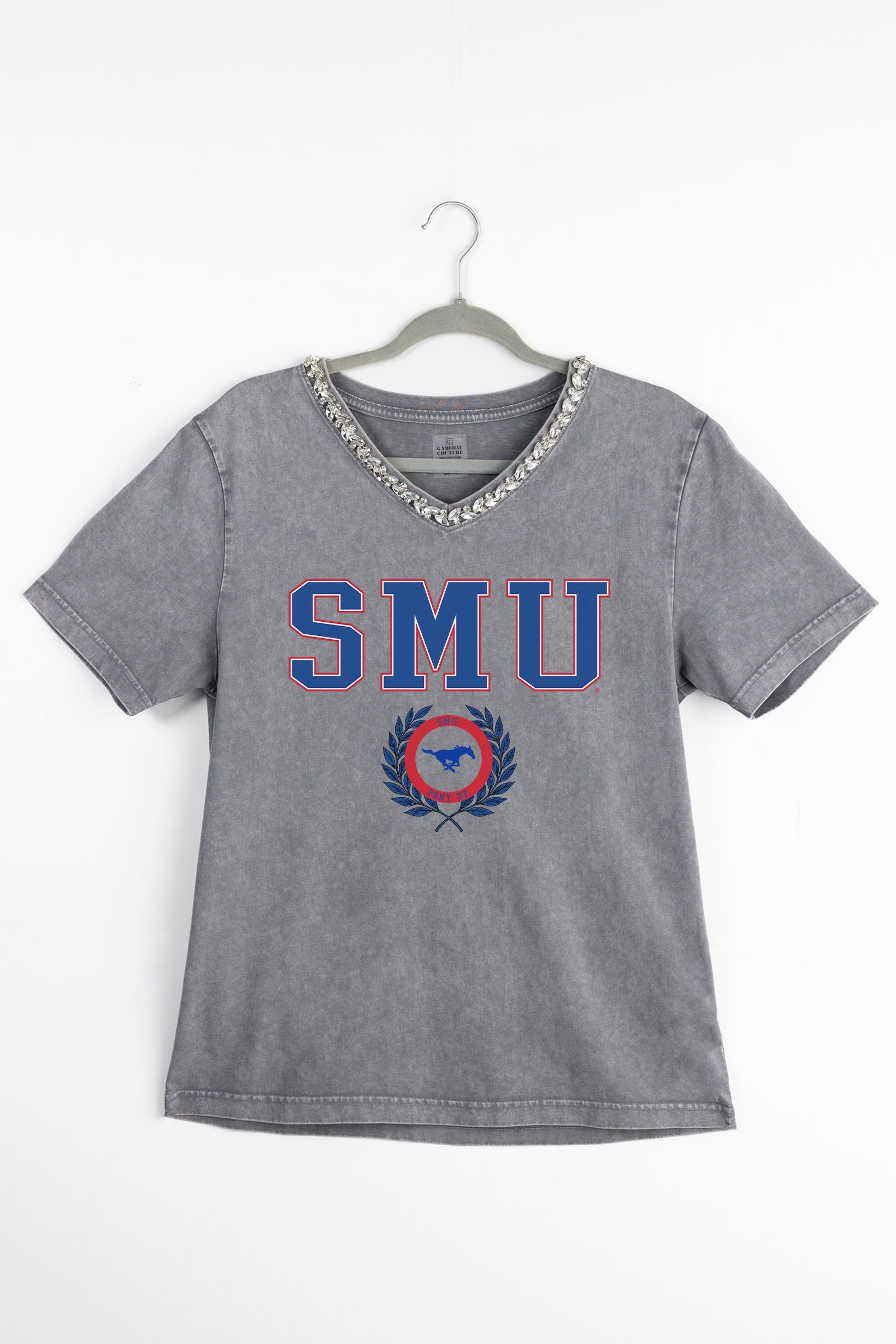 SMU MUSTANGS ICONIC EDGE RHINESTONE TRIM V-NECK TEE