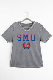 SMU MUSTANGS ICONIC EDGE RHINESTONE TRIM V-NECK TEE