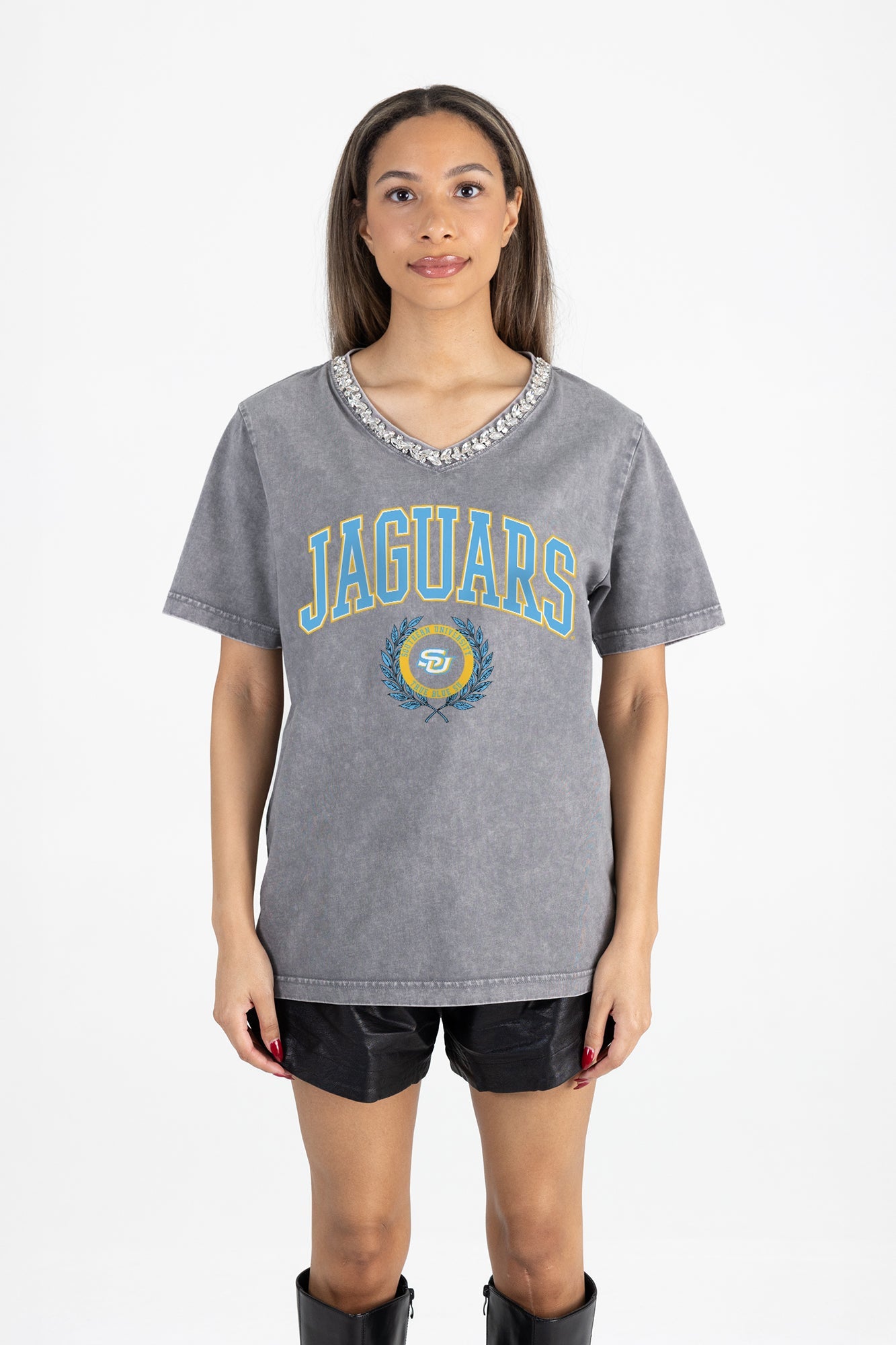 SOUTHERN JAGUARS ICONIC EDGE RHINESTONE TRIM V-NECK TEE
