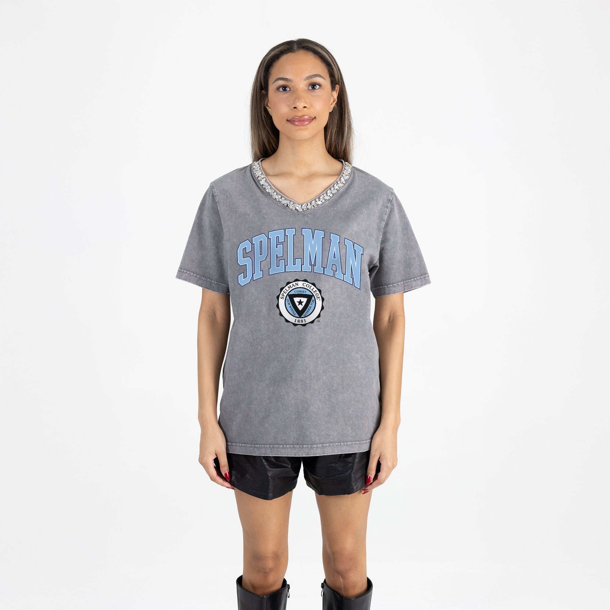 SPELMAN COLLEGE JAGUARS ICONIC EDGE RHINESTONE TRIM V-NECK TEE