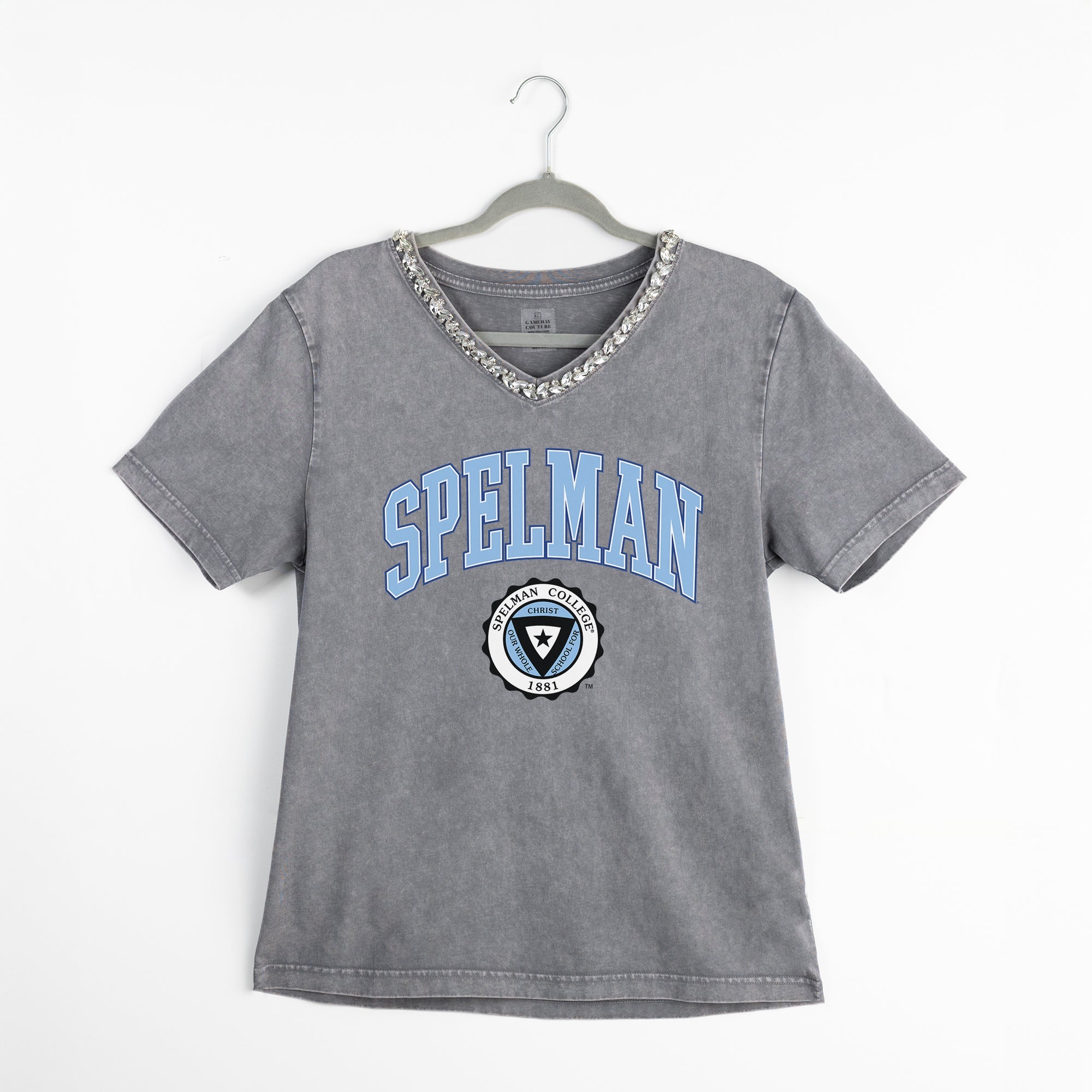 SPELMAN COLLEGE JAGUARS ICONIC EDGE RHINESTONE TRIM V-NECK TEE