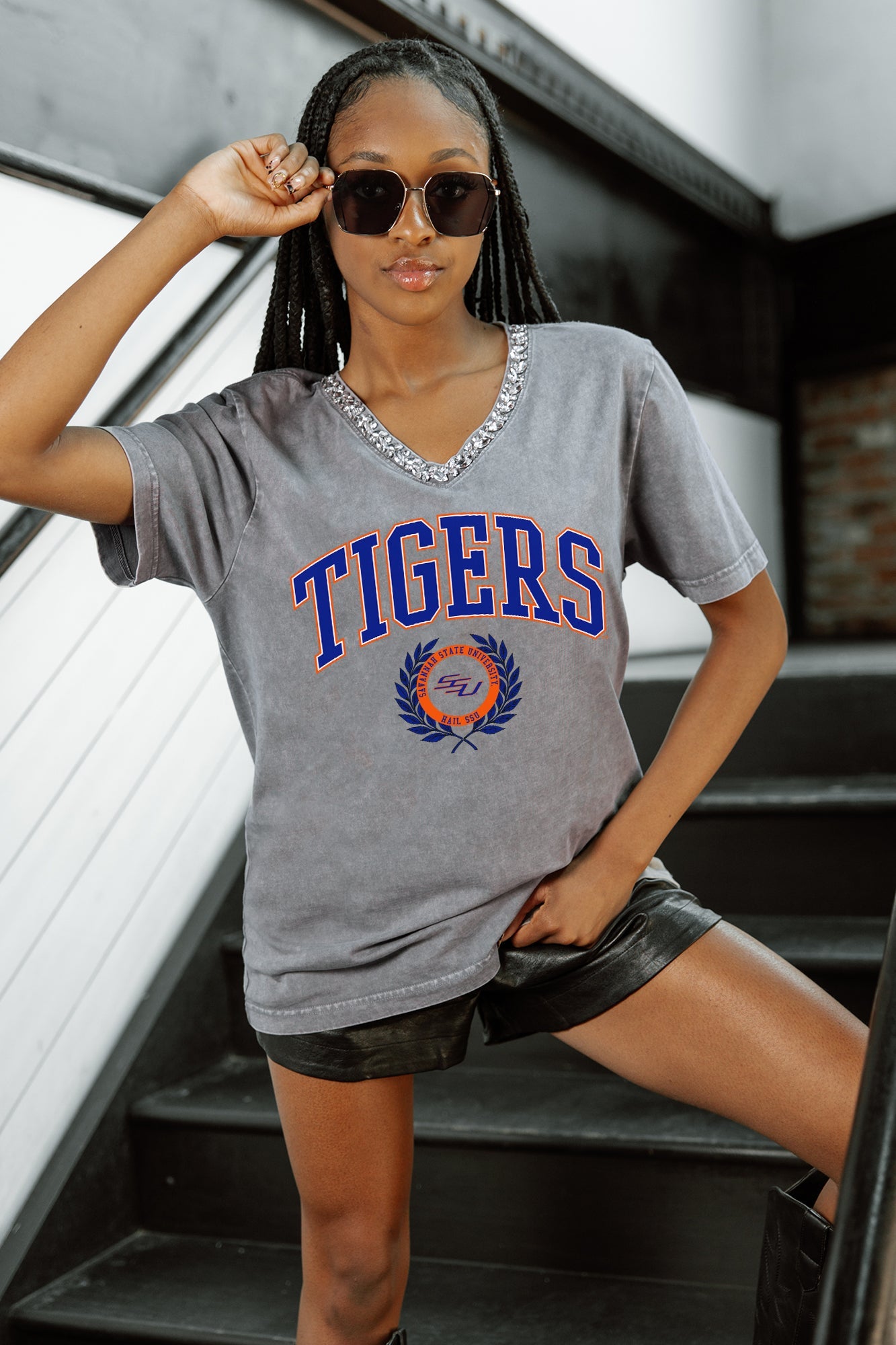 SAVANNAH STATE TIGERS ICONIC EDGE RHINESTONE TRIM V-NECK TEE
