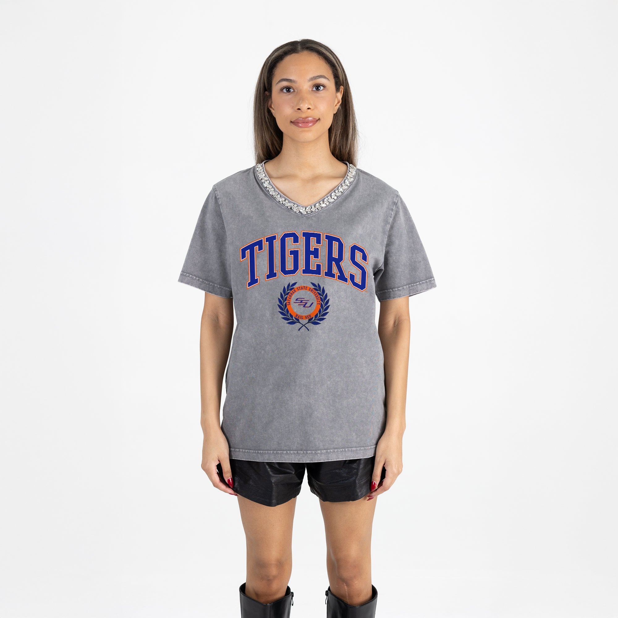 SAVANNAH STATE TIGERS ICONIC EDGE RHINESTONE TRIM V-NECK TEE