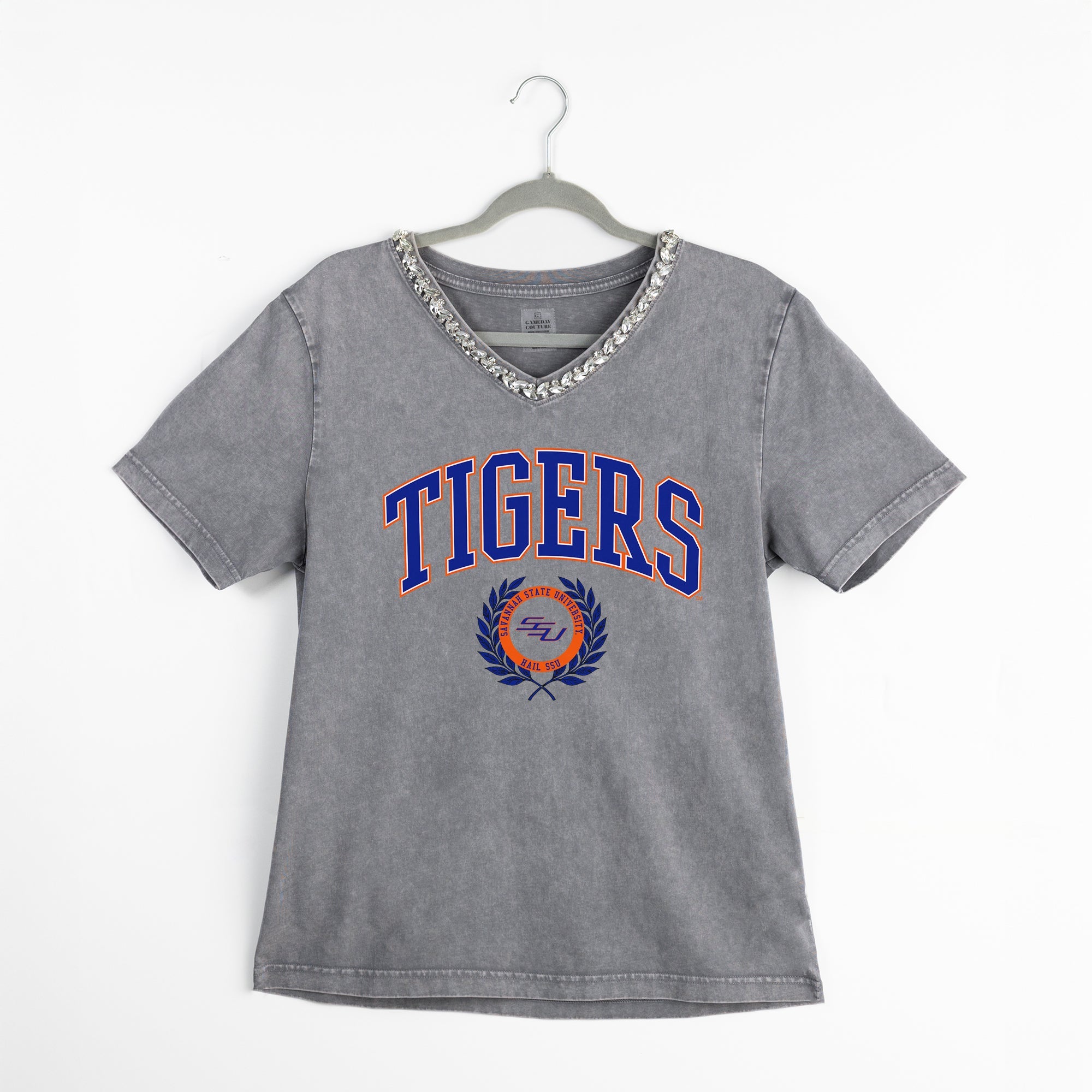 SAVANNAH STATE TIGERS ICONIC EDGE RHINESTONE TRIM V-NECK TEE