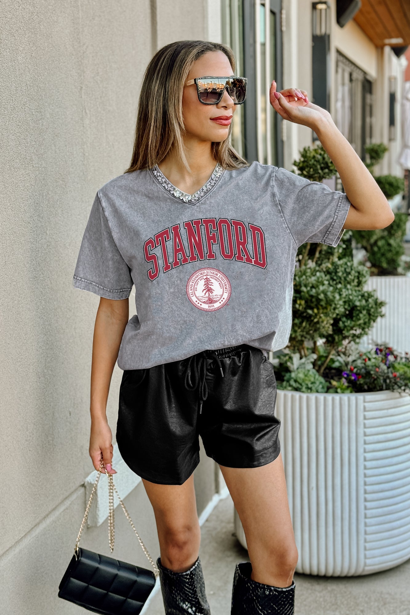 STANFORD CARDINAL ICONIC EDGE RHINESTONE TRIM V-NECK TEE