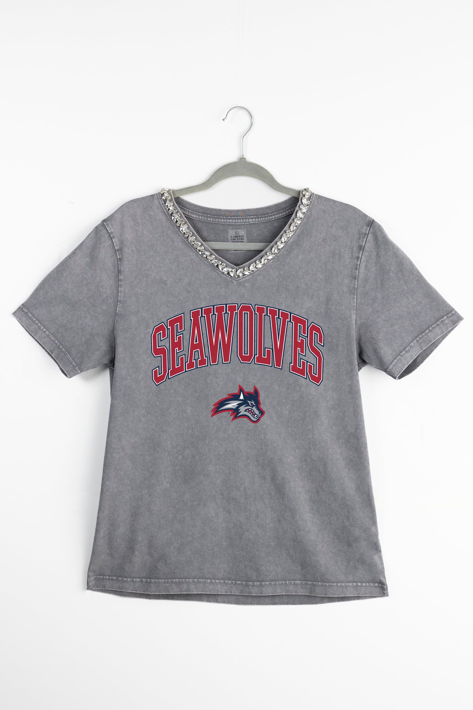STONY BROOK SEAWOLVES ICONIC EDGE RHINESTONE TRIM V-NECK TEE