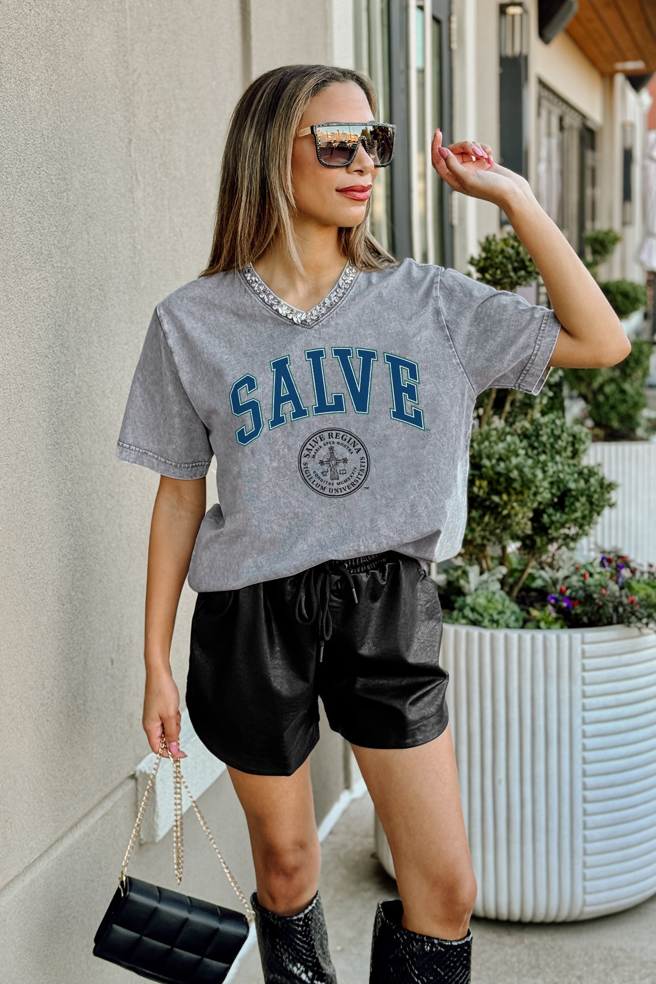 SALVE SEAHAWKS ICONIC EDGE RHINESTONE TRIM V-NECK TEE