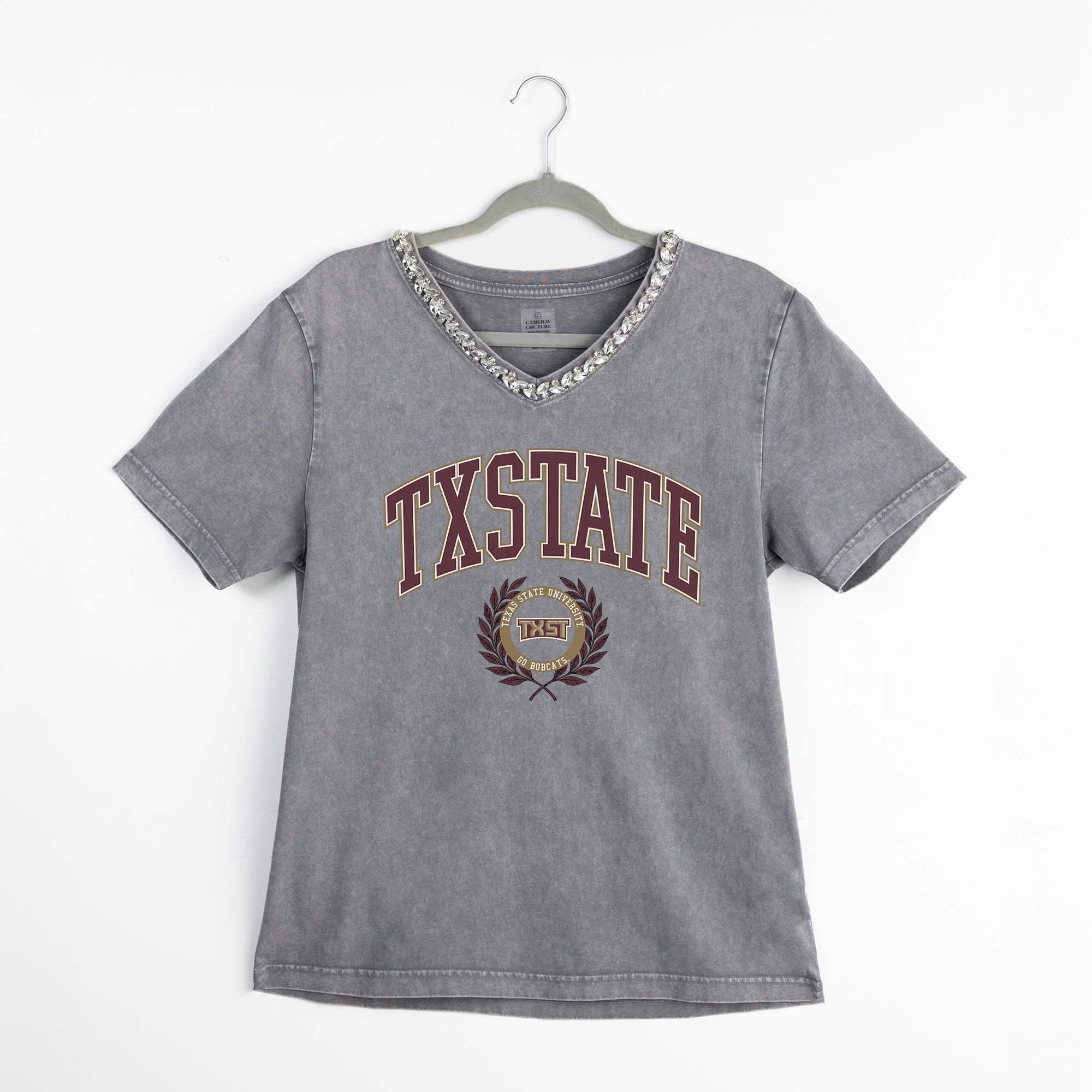 TEXAS STATE BOBCATS ICONIC EDGE RHINESTONE TRIM V-NECK TEE