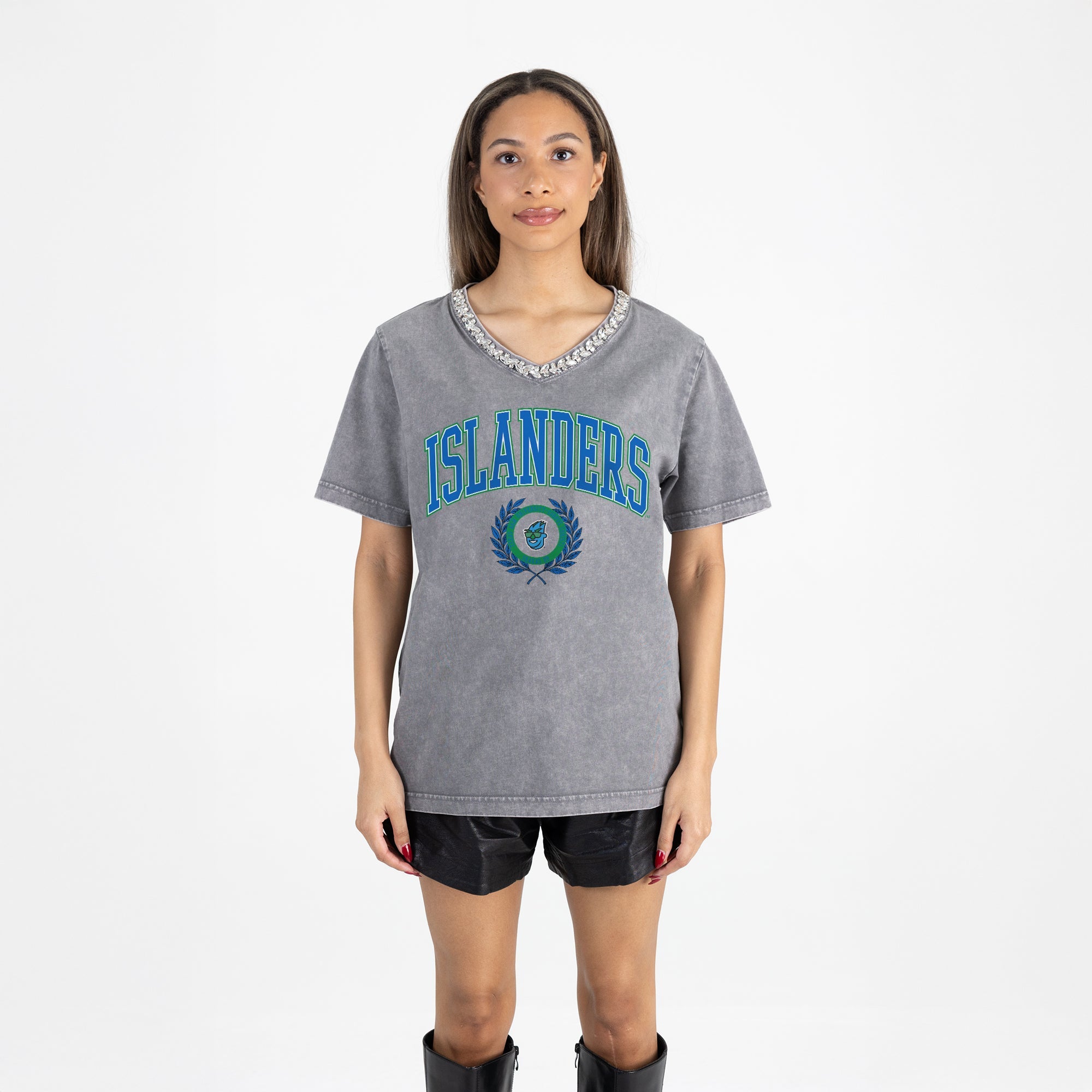 TEXAS A&M-CORPUS CHRISTI ISLANDERS ICONIC EDGE RHINESTONE TRIM V-NECK TEE