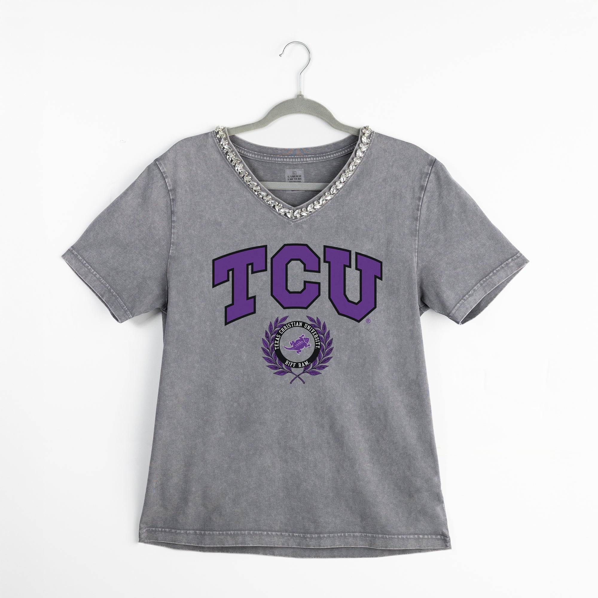 TCU HORNED FROGS ICONIC EDGE RHINESTONE TRIM V-NECK TEE