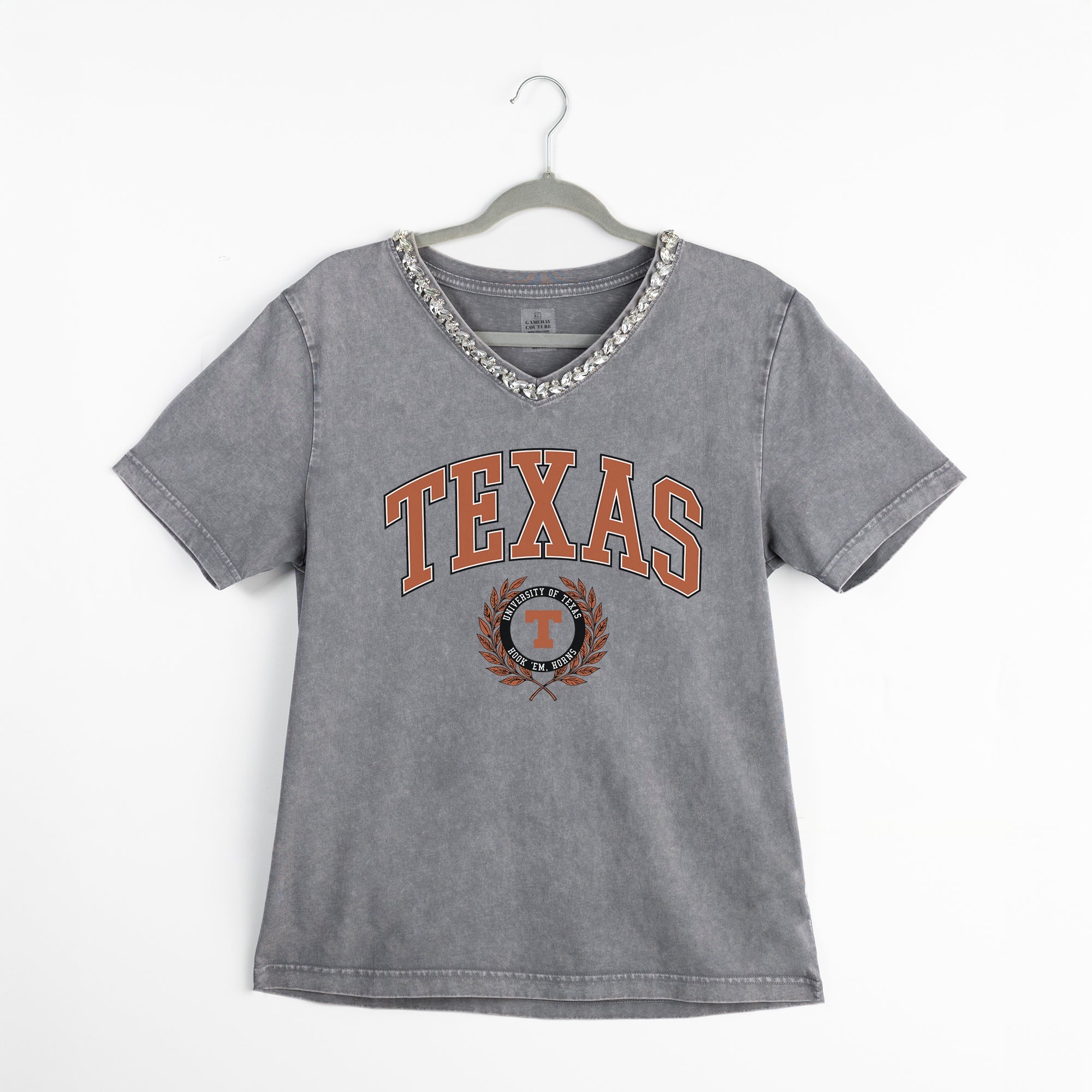 TEXAS LONGHORNS ICONIC EDGE RHINESTONE TRIM V-NECK TEE