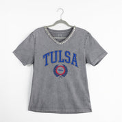 TULSA GOLDEN HURRICANE ICONIC EDGE RHINESTONE TRIM V-NECK TEE