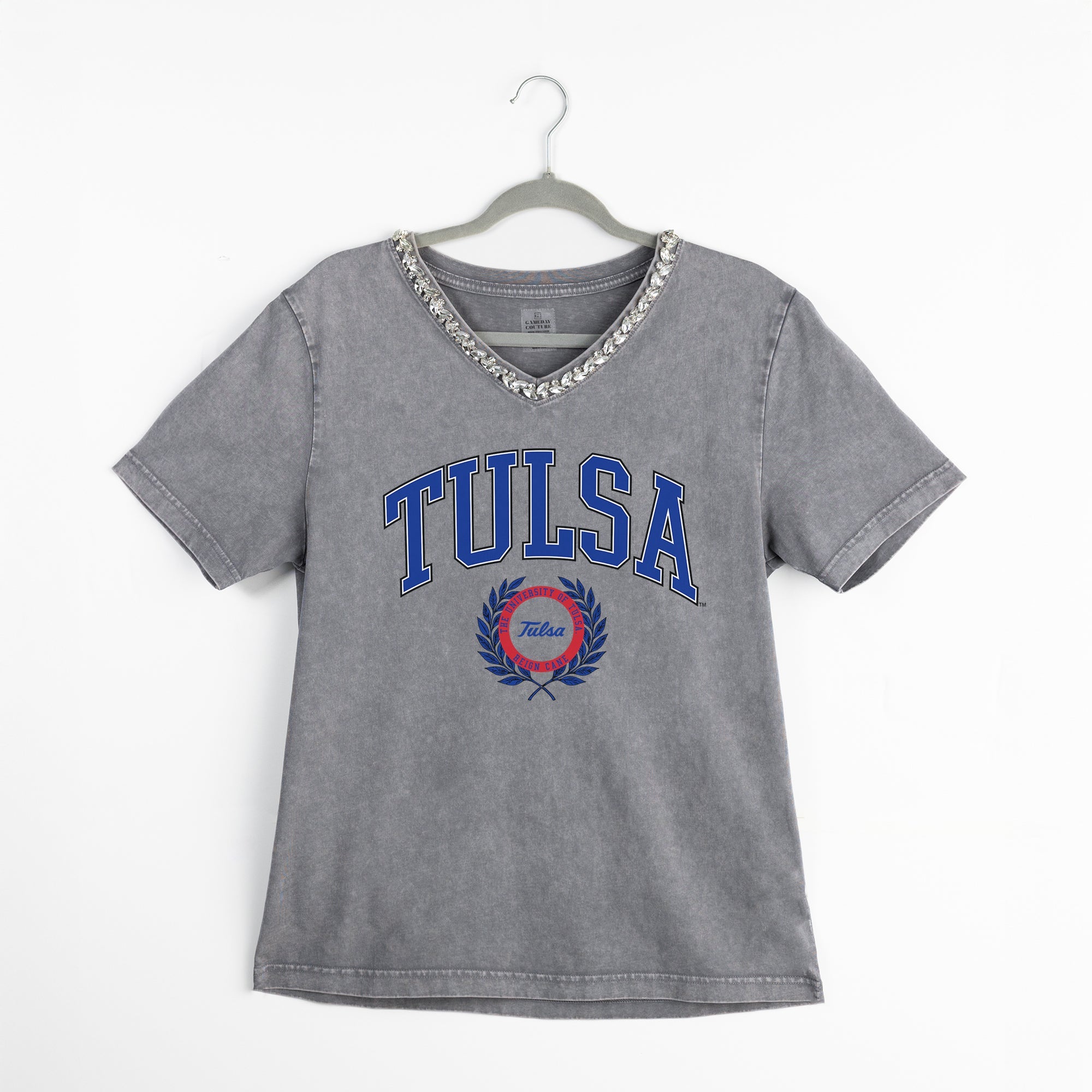 TULSA GOLDEN HURRICANE ICONIC EDGE RHINESTONE TRIM V-NECK TEE