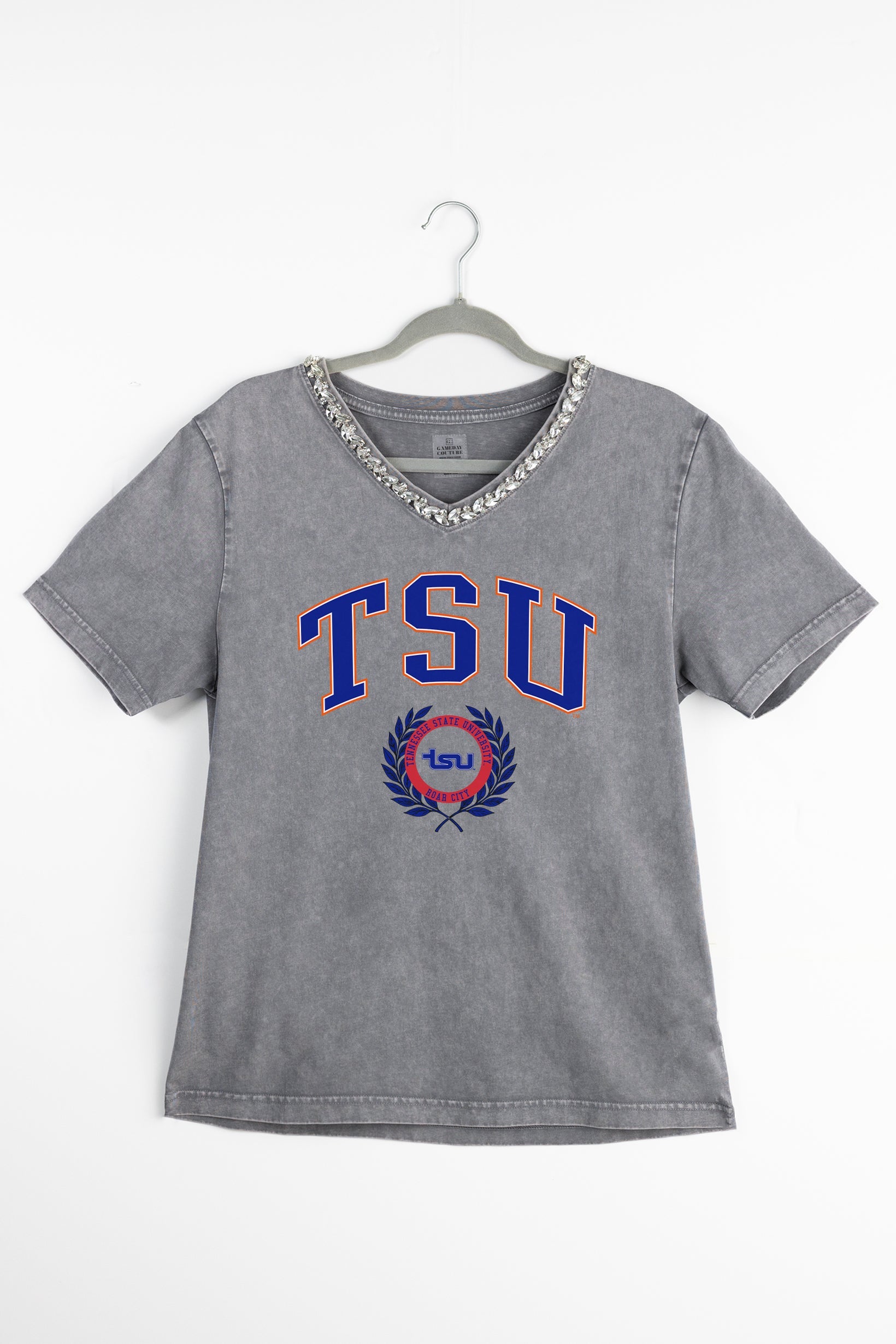 TENNESSEE STATE TIGERS ICONIC EDGE RHINESTONE TRIM V-NECK TEE