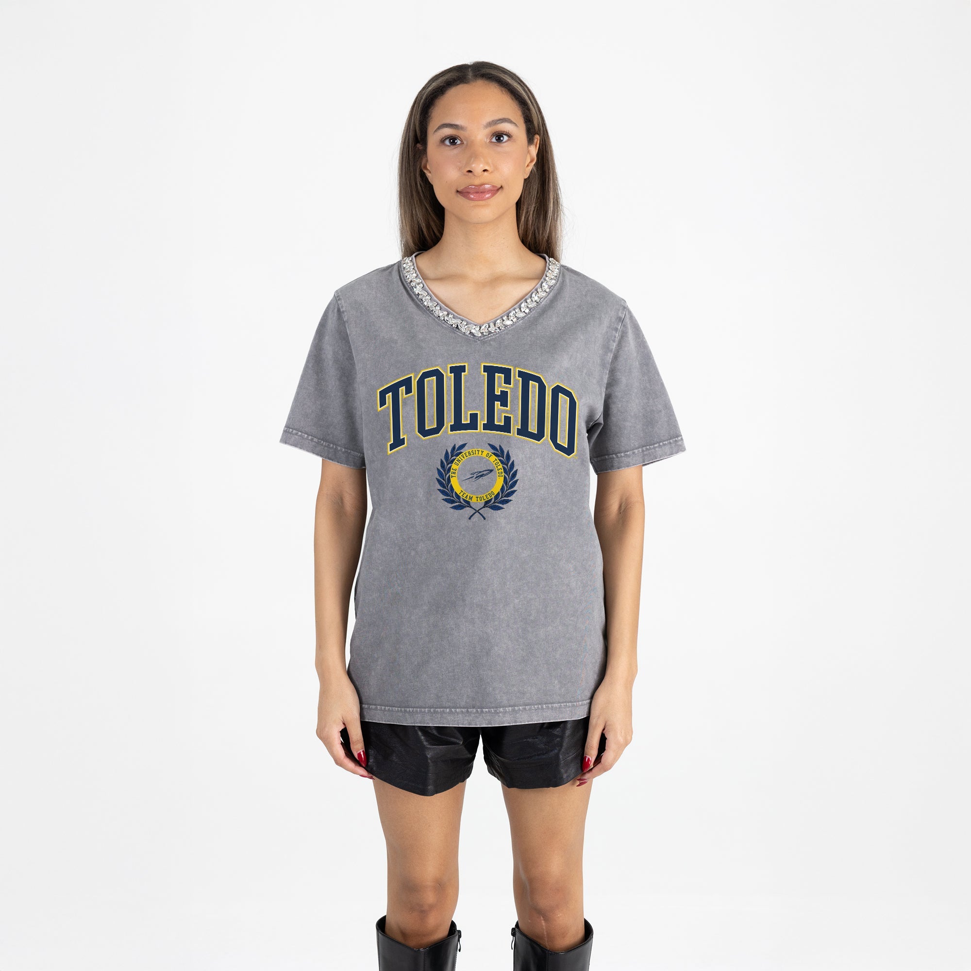 TOLEDO ROCKETS ICONIC EDGE RHINESTONE TRIM V-NECK TEE