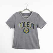 TOLEDO ROCKETS ICONIC EDGE RHINESTONE TRIM V-NECK TEE